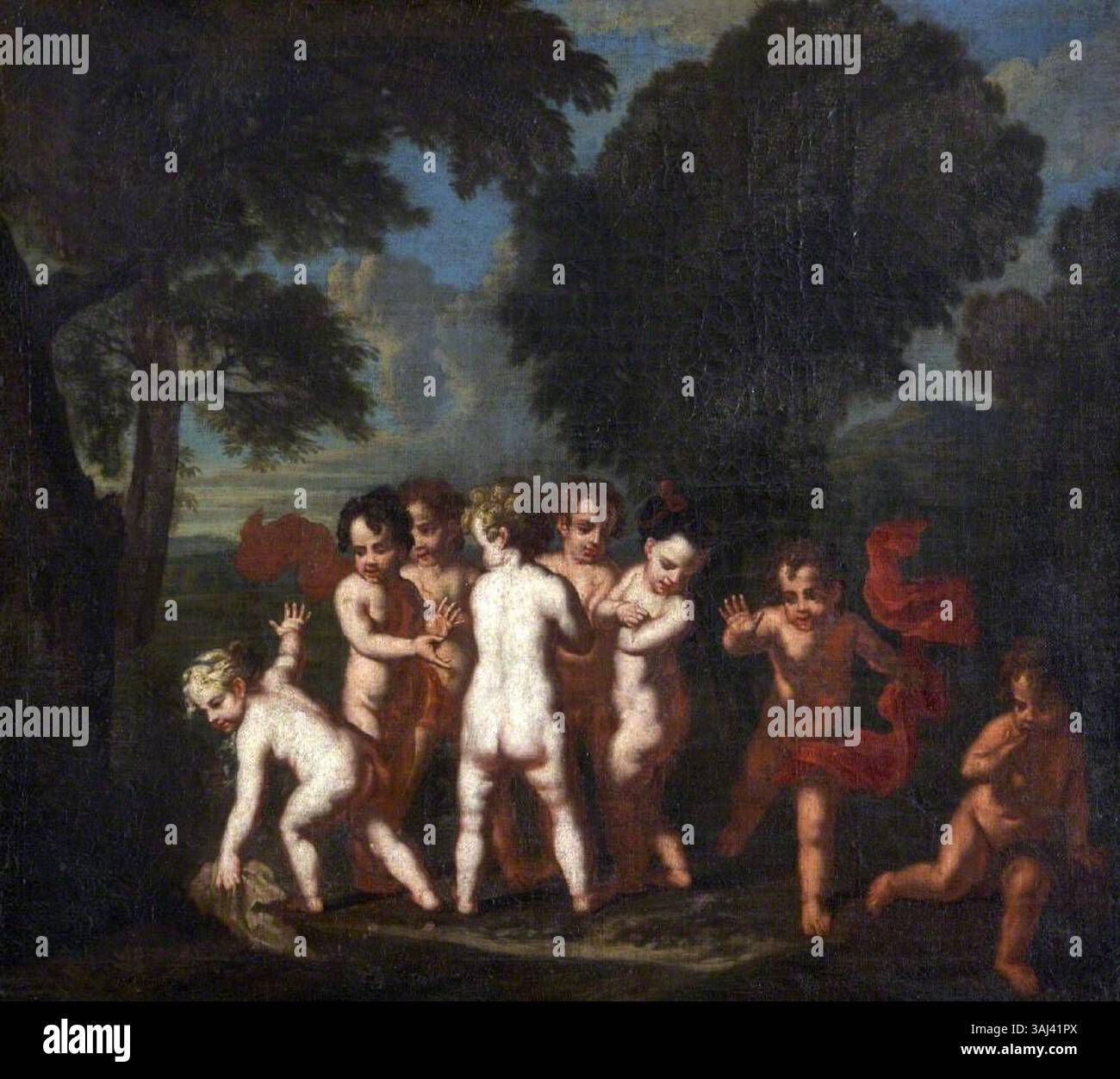 Ein Gemälde nach Louis Testelin mit dem Titel „Putti at Play: Le jeu de l’anguille“ entstand um 1700. Es zeigt Putti (Cherubs), die spielerische Aktivitäten ausüben. Das Kunstwerk ist Teil der Sammlung des National Trust. Stockfoto