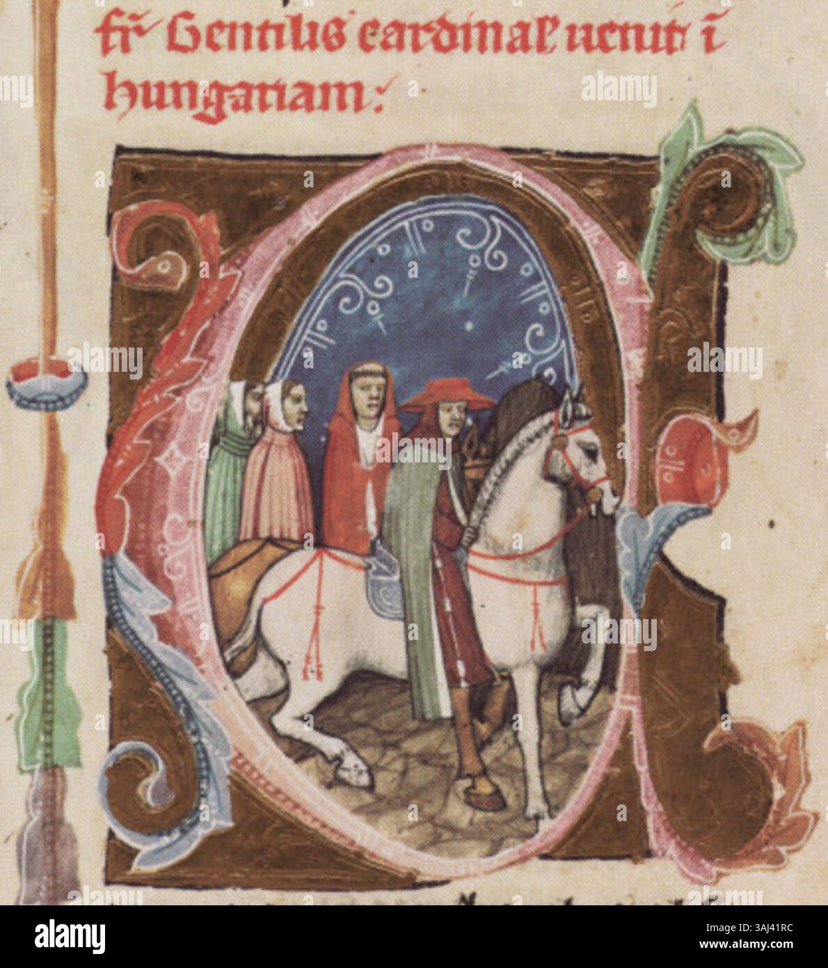 Eine 136. Seite aus dem Képes Krónika (Chronicon Pictum), die die Ankunft von Kardinal Nichtjuden in Ungarn um 1360 veranschaulicht. Stockfoto