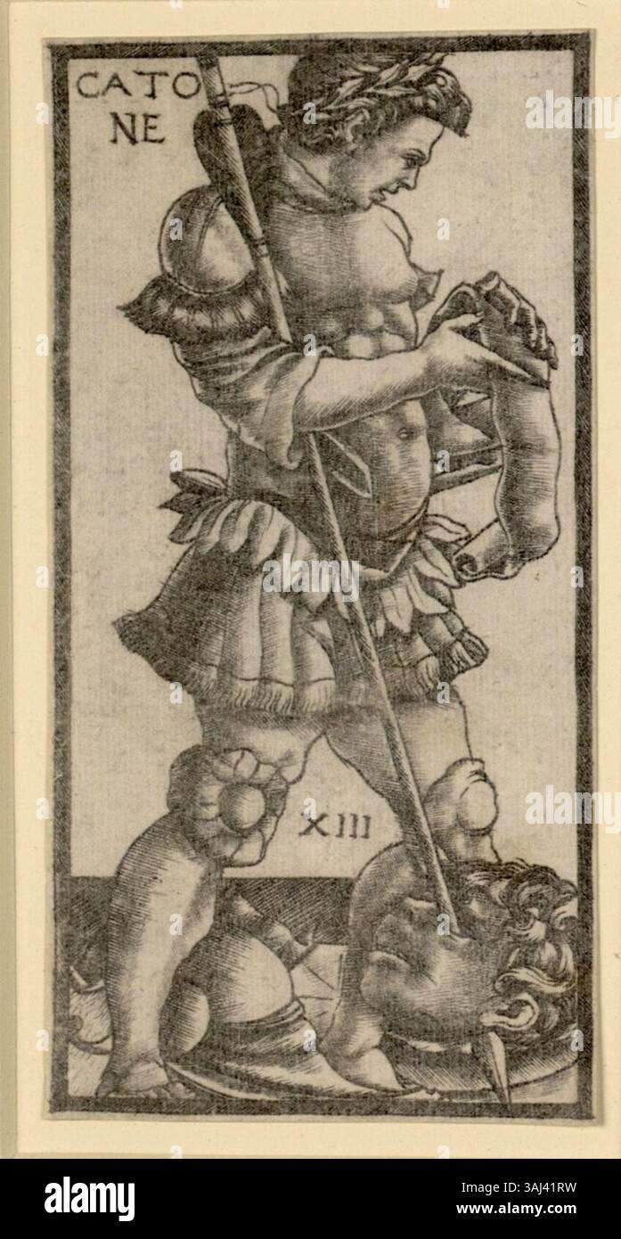 Die Sola Busca Tarotkarte mit Catone, die 1491 in Italien erstellt wurde, ist Teil des frühen Sola Busca Tarotdecks, das sich im Albertina Museum in Wien befindet. Das Deck ist für seine vollständige Darstellung von Tarot-Bildern von Bedeutung. Stockfoto