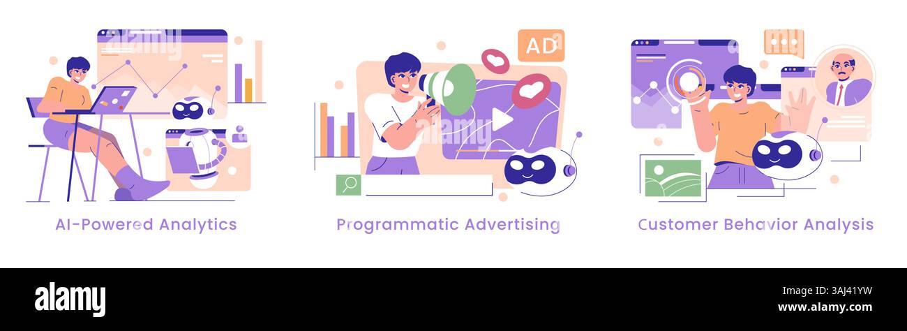 KI im Marketing transformiert Strategien mit datengesteuerter Entscheidungsfindung durch Analysen, gezielte Werbung und Kundeneinblicke. Die Steigerung der Unternehmenseffizienz ist der Schlüssel zum Erfolg. Vektorabbildung. Stock Vektor