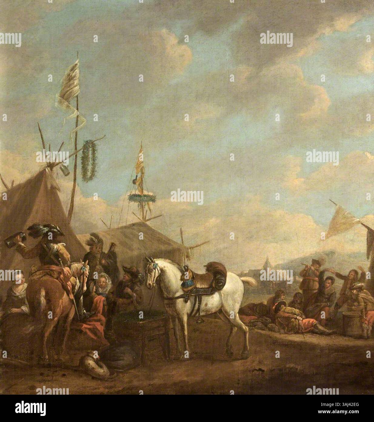 Dieses Gemälde aus dem Jahr 1670-1699, das Philips Wouwerman zugeschrieben wird, zeigt Soldaten, die in einem Lager in einer Landschaft versammelt sind, in Öl auf Leinwand. Stockfoto