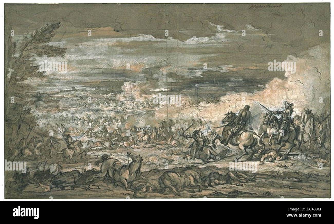Joseph Parocels Stift- und Gouacheteilung aus der Zeit um 1676 zeigt die Belagerung Maastrichts durch Ludwig XIV. Im Jahr 1673. Dieses Werk befindet sich in der Sammlung Louvre, mit einer Ölversion im Schloss Versailles. Stockfoto