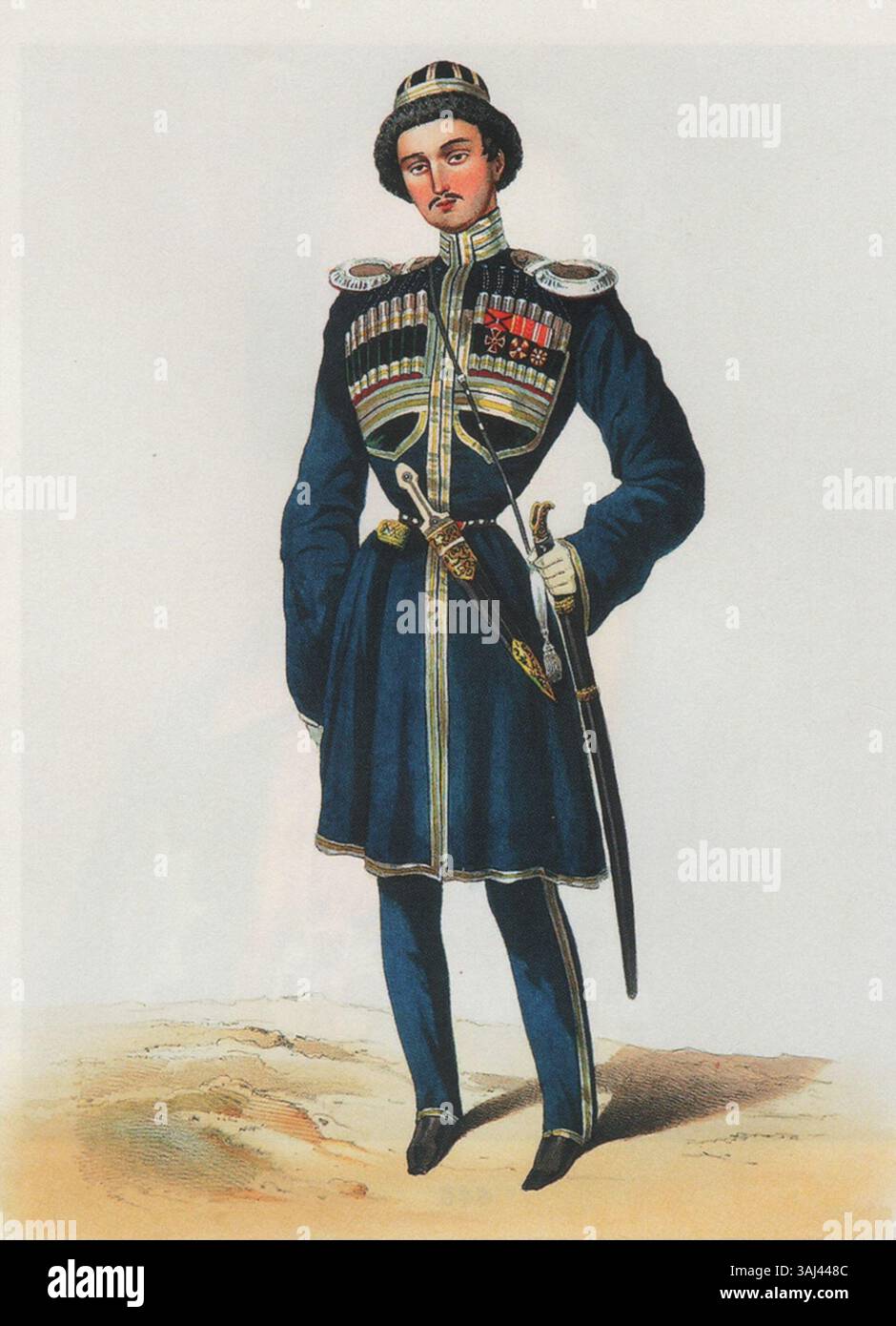 Ein Porträt von Prinz Khasay Utsmiev, gemalt von Grigori Gagarin im Jahr 1844, das den aristokratischen Status des Prinzen zeigt. Dieses Ölgemälde ist Teil eines größeren Werkes, *Scenes, paysages, Moeurs et Kostüumes du Caucase*, das das Leben und die Bräuche der Kaukasier darstellt. Stockfoto