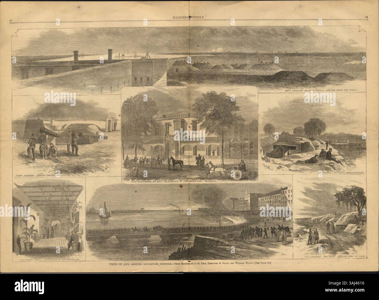 Diese Serie von Skizzen von J.H. Peck, Theodore H. Davis und William Waud wurde am 21. Januar 1865 in Harper’s Weekly veröffentlicht und bietet Ansichten von Savannah, Georgia während des Amerikanischen Bürgerkriegs. Die Bilder spiegeln die Landschaft und das Stadtleben in dieser turbulenten Zeit wider. Stockfoto