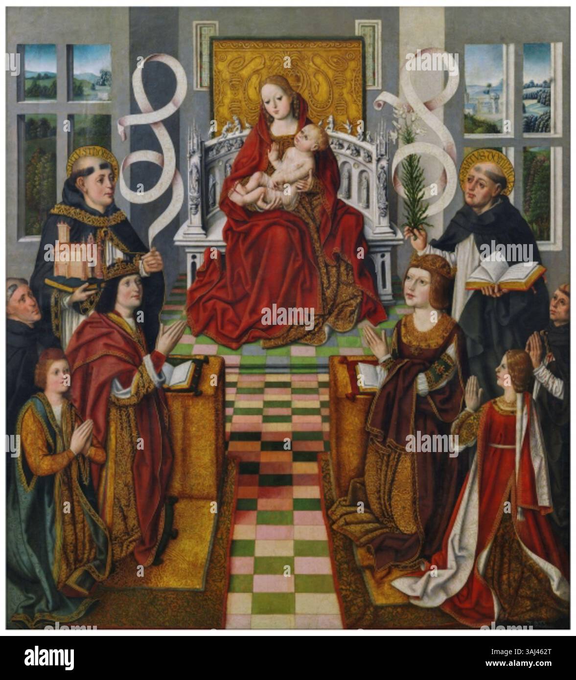 Ein religiöses Gemälde aus dem späten 15. Jahrhundert, „Madonna der Katholischen Monarchen“ von einem anonymen Künstler. Die Darstellung von Ferdinand II. Von Aragonien, Isabella I. von Kastilien und das Christkind entstand zwischen 1491 und 1493. Stockfoto