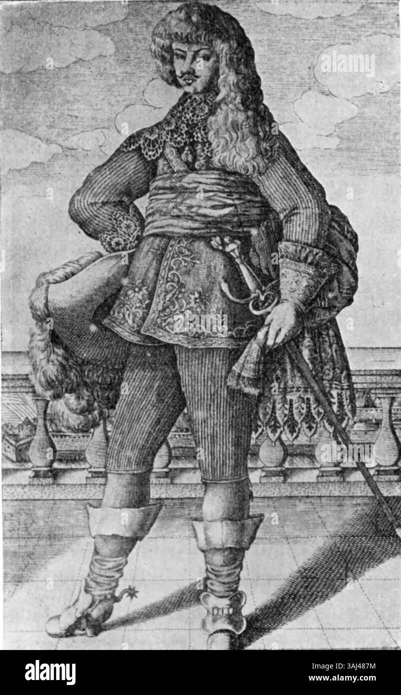 Die Gravur zeigt die vier Söhne Johann Georg I., darunter der Kurprinz (später Johann Georg II.) und Fürst August, die ihren Adelsstand und die europäische Aristokratie des 17. Jahrhunderts widerspiegeln. Stockfoto