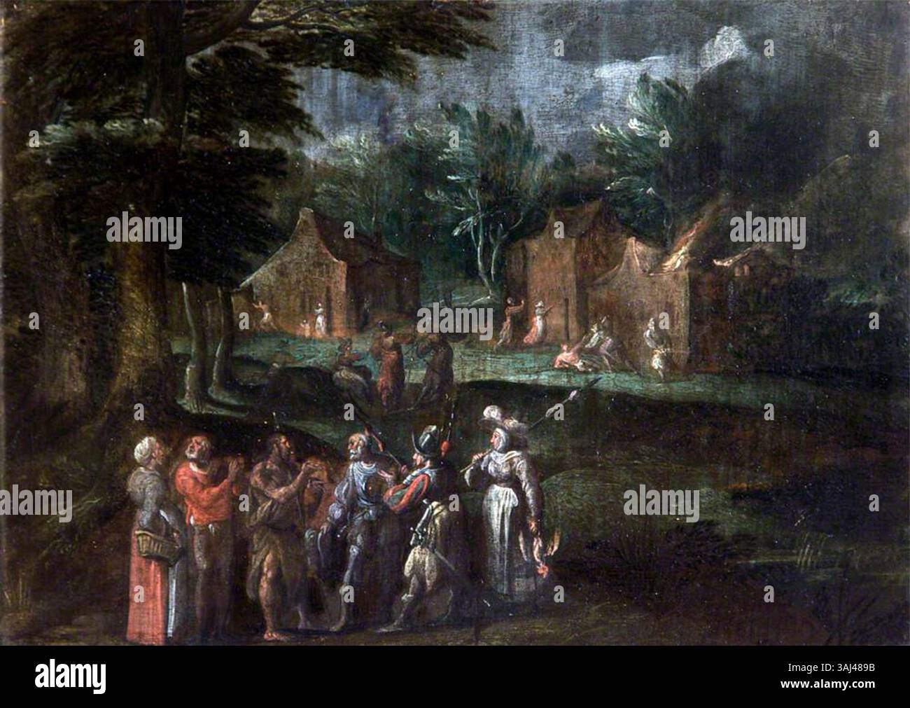 Dieses Gemälde der niederländischen Schule aus dem 17. Jahrhundert zeigt einen Propheten, der Flüchtlinge führt, die aus einem von Soldaten geplünderten Dorf geflohen sind. Es wurde um 1600 in Öl auf dem Panel geschaffen und ist Teil der National Trust Collection. Stockfoto