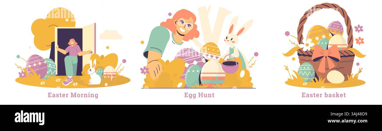 Osterfestszene mit drei Hauptdarstellungen: Eine Person, die den Ostermorgen genießt, eine Eierjagd mit verspielten Kaninchen und ein festlicher Korb mit bunten Eiern. Ideal für Urlaubsthemen. Stock Vektor
