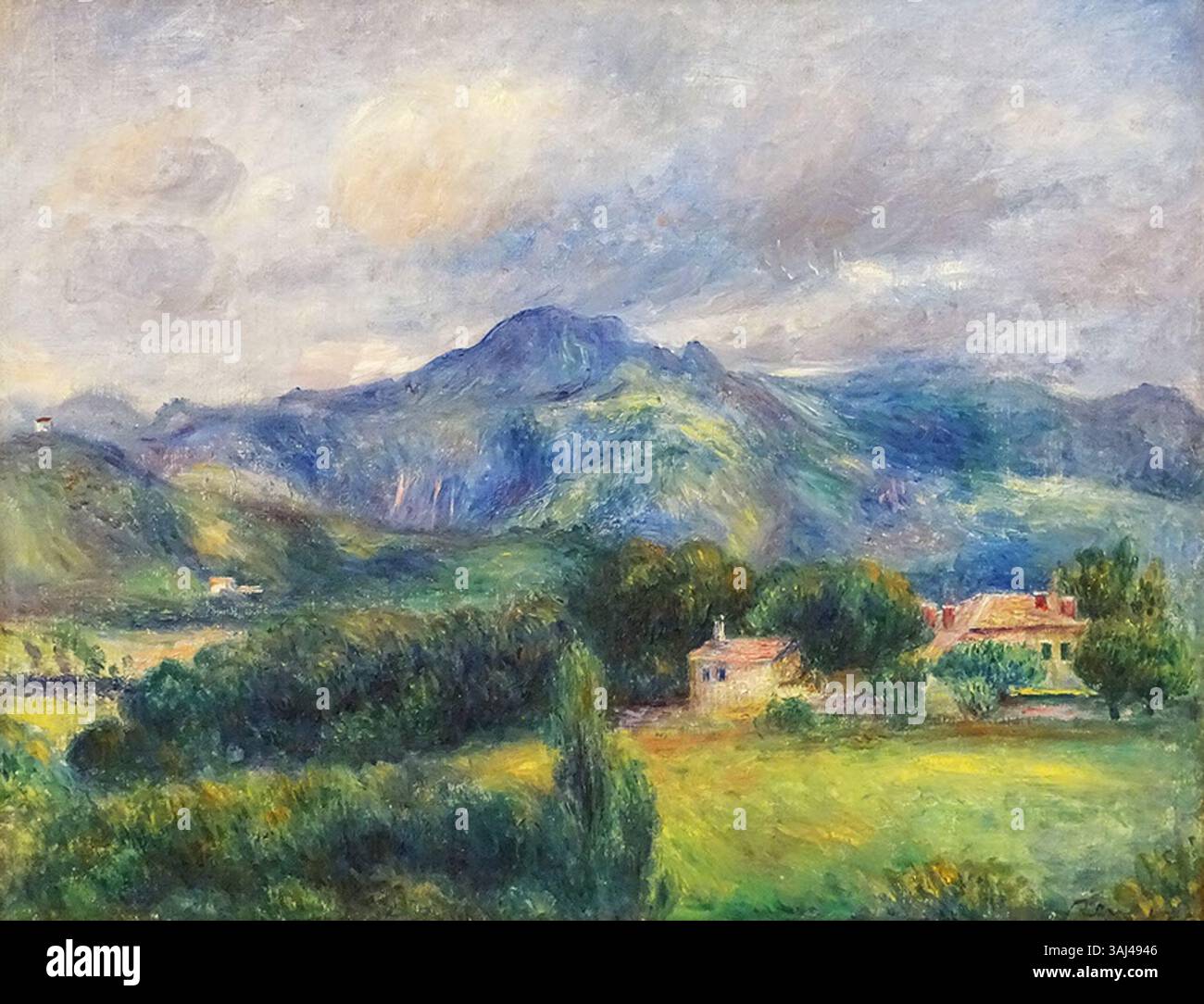 „Landschaft mit Bergen“, gemalt von Pierre-Auguste Renoir aus dem Jahr 1895, zeigt eine ruhige Landschaft mit Bergen und zeigt die Meisterschaft des Künstlers, natürliche Schönheit durch sanfte Farbtöne und Pinselstriche einzufangen. Stockfoto
