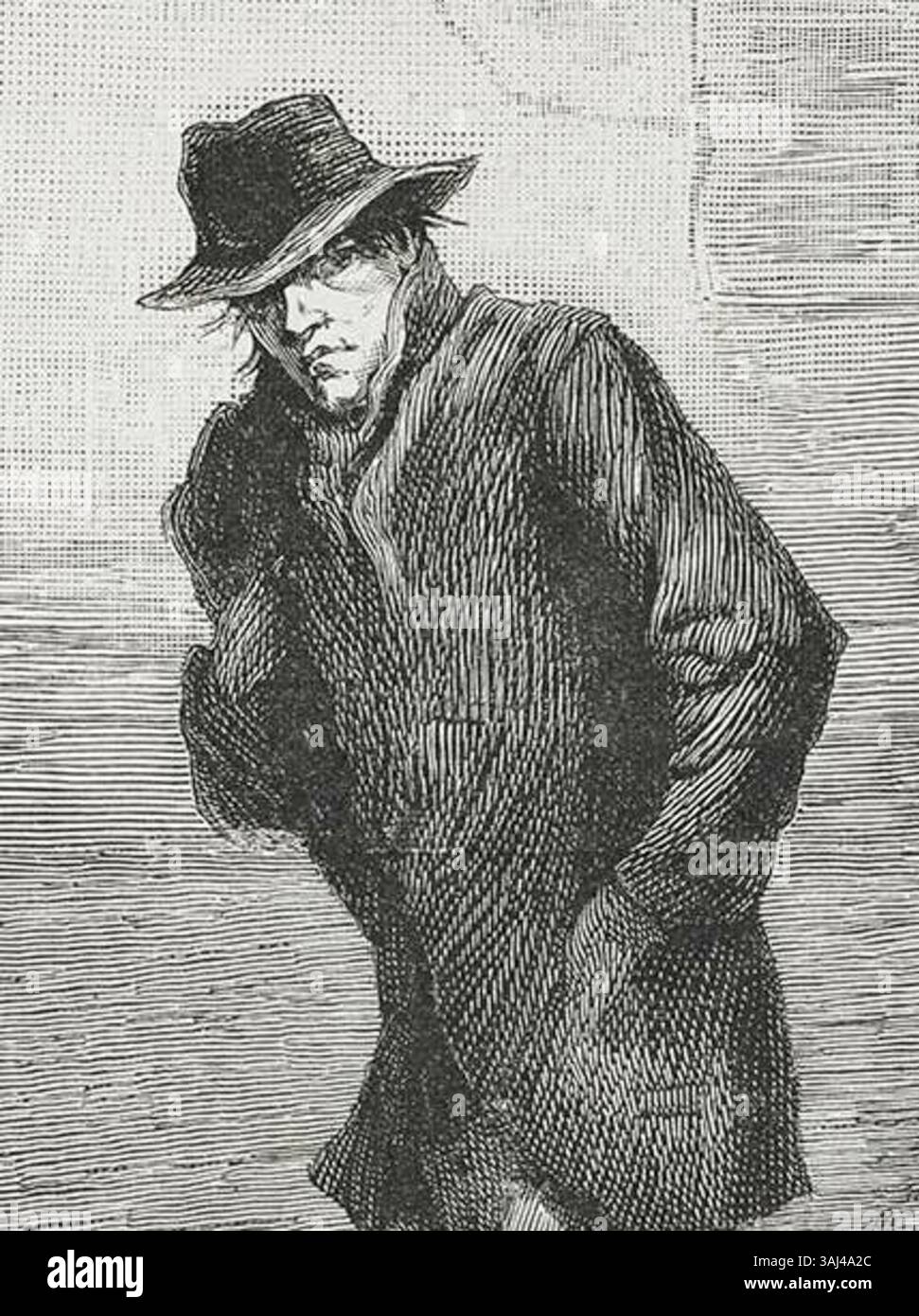 Dieses Bild mit dem Titel „A Suspicious Character“ wurde am 13. Oktober 1888 in den Illustrated London News veröffentlicht. Es zeigt eine vermutete Zahl, die in den Fall involviert ist. Stockfoto