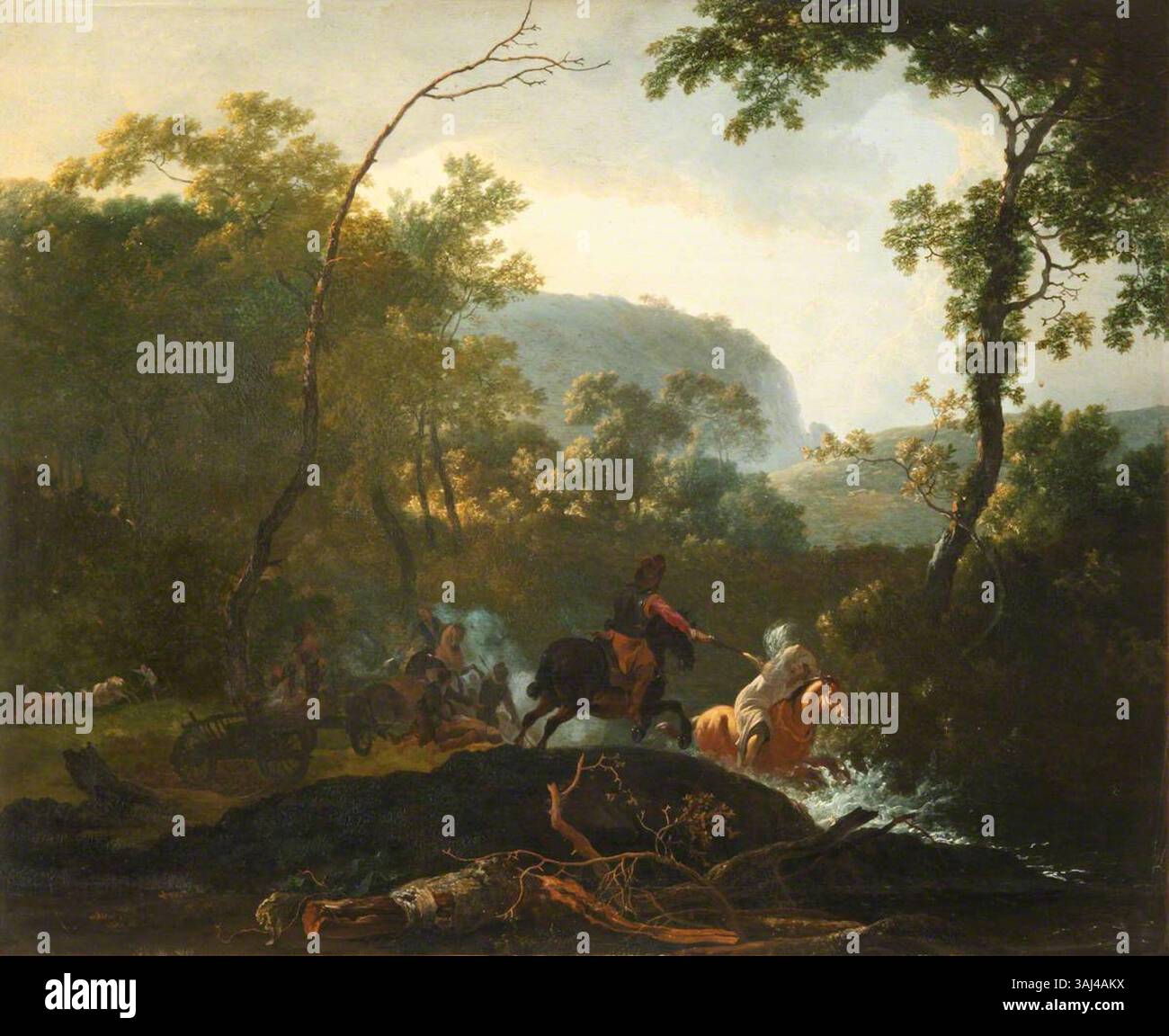 Dieses Gemälde aus dem Kreis von Dirk Maes aus dem 17. Jahrhundert zeigt Soldaten, die einen Konvoi angreifen, und zeigt das Genre militärischer Aktionen und historischer Konflikte. Stockfoto