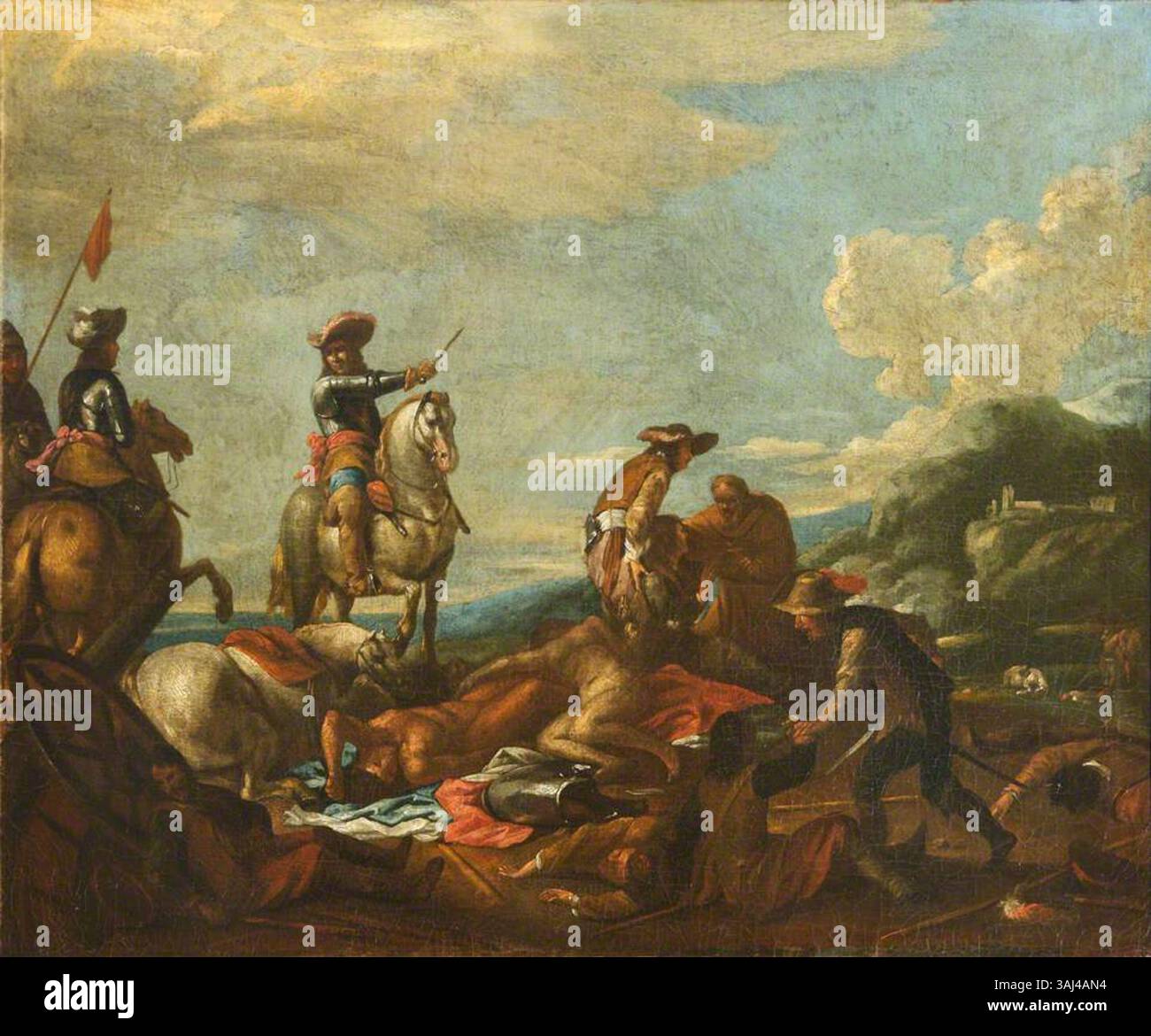 Dieses Gemälde im Stil von Jan Wyck zeigt die Nachwirkungen einer Schlacht und spiegelt die chaotische und düstere Stimmung des Krieges wider. Das Kunstwerk stellt Soldaten und die verheerenden Folgen dar und zeigt die dramatische Erzählung, die für Wycks Genre-Szenen charakteristisch ist. Stockfoto