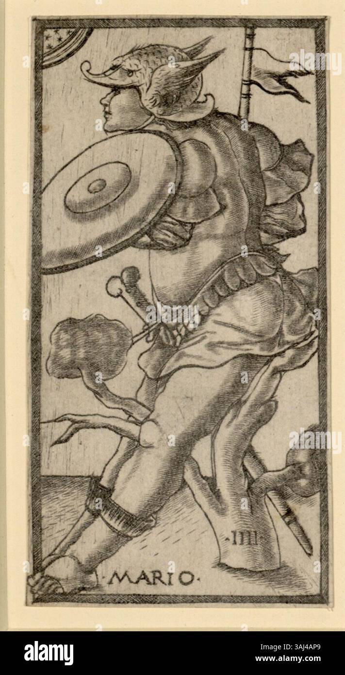 Karte 04 vom Sola Busca Tarot-Deck, erstellt in Italien um 1491. Diese Karte mit dem Titel Mario ist Teil der Sammlung im Albertina Museum in Wien und zeigt italienische Tarotkunst aus der Renaissance. Stockfoto