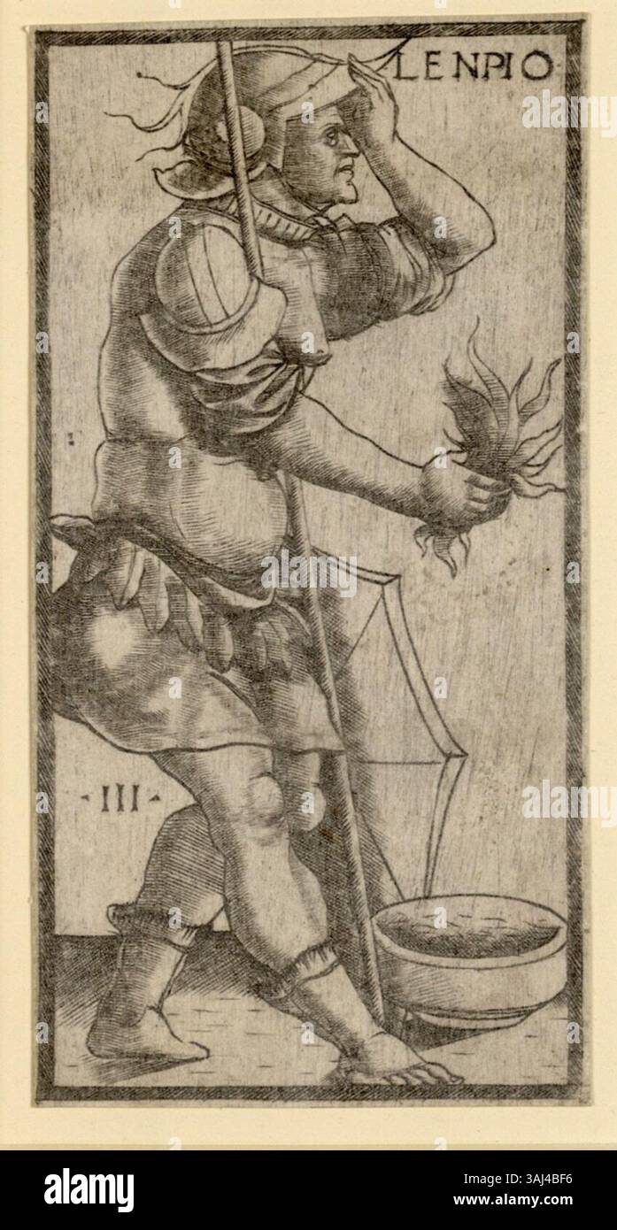 Karte 03 vom Tarotdeck Sola Busca mit dem Titel Lenpio, erstellt 1491 in Italien. Es ist Teil der Tarot-Sammlung im Albertina Museum in Wien, die Tarotkunst aus der Renaissance darstellt. Stockfoto