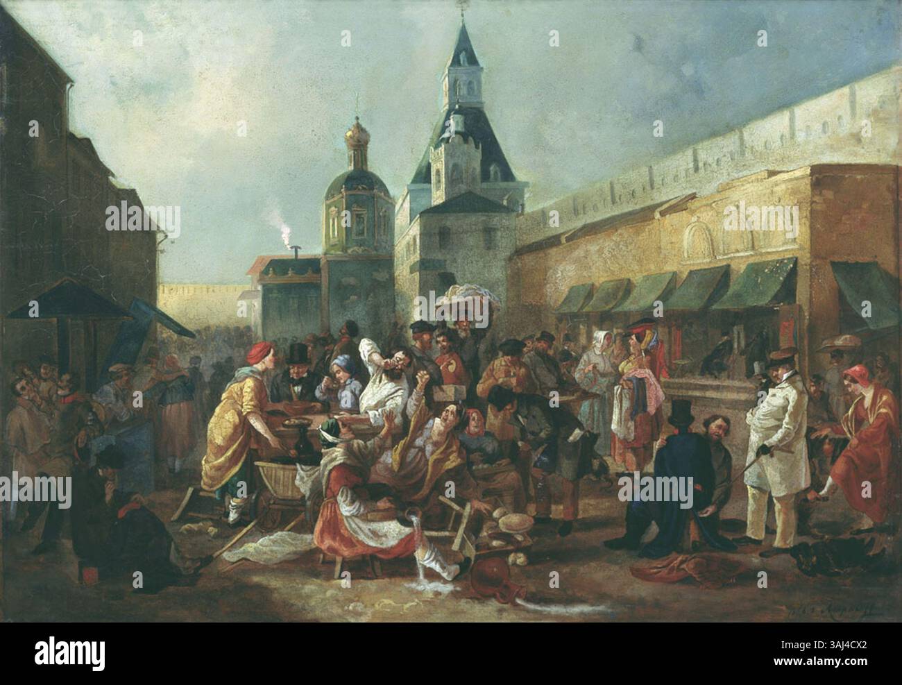 Wassily Astrachow (–1867) malte 1856 die Glutton-Reihe in der Nähe der Kitai-Gorod-Mauer, die eine Szene des Alltags im Moskauer 19. Jahrhundert feststellte. Das Werk zeigt eine Straßenszene in der Nähe des Kitai-Gorod, die das geschäftige urbane Leben unterstreicht. Stockfoto
