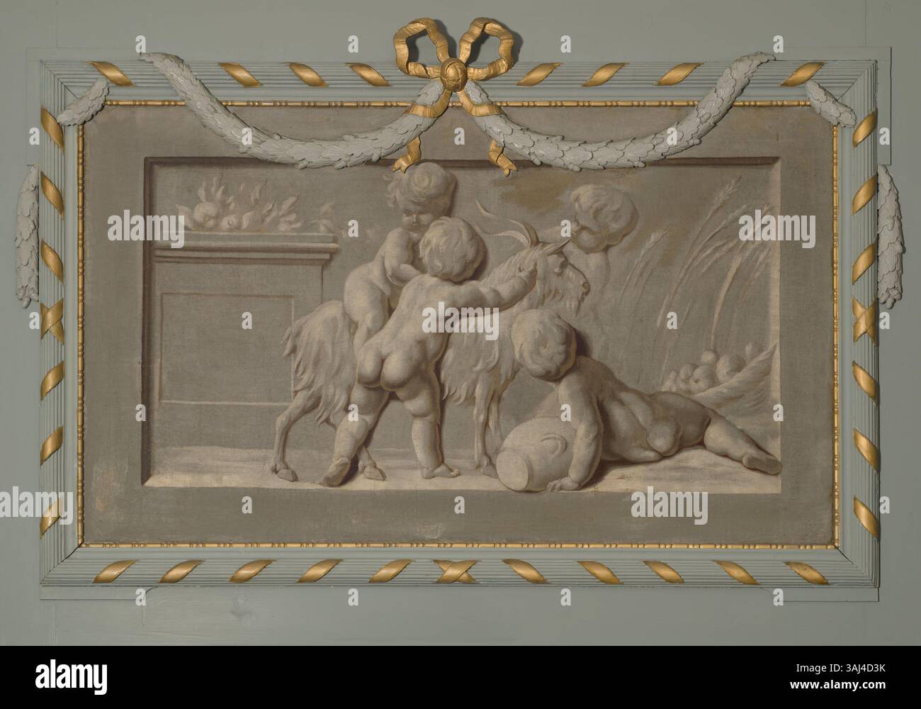 Dieses allegorische Gemälde von 1776 zeigt vier Putten mit einer kleinen Ziege. Das Werk Öl auf Leinwand erforscht symbolische Themen der Unschuld und spielerische Figuren, die in der Rokoko-Zeit üblich sind. Stockfoto