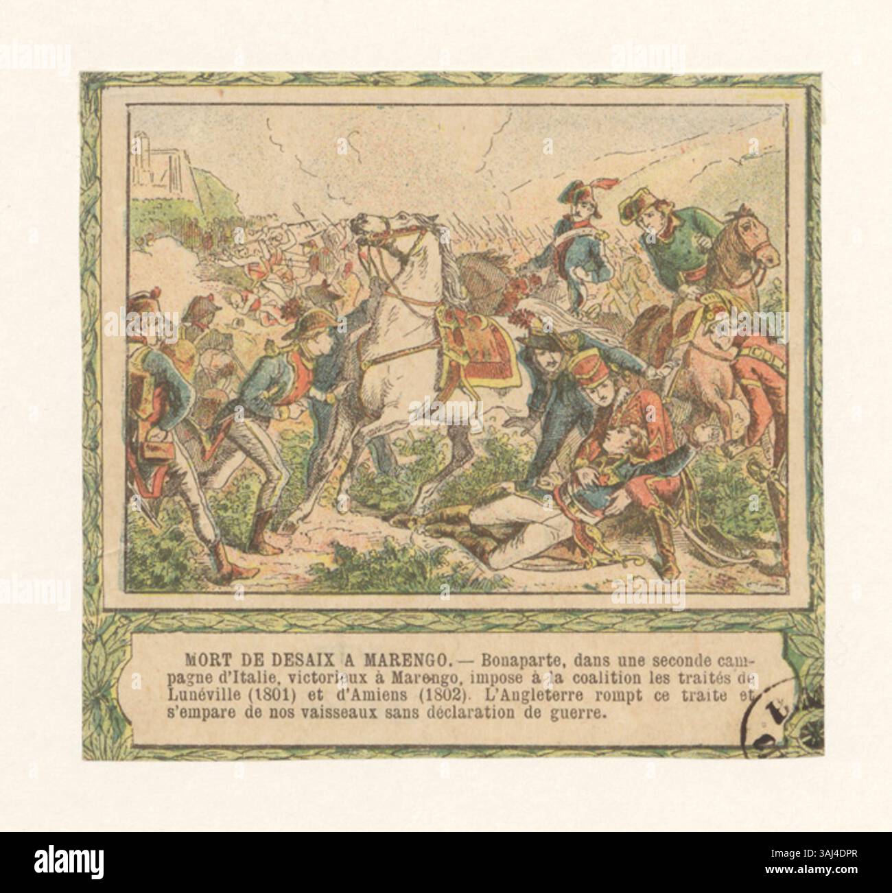 Dieser fotomechanische Druck aus der Sammlung Boyer zeigt den Tod von Louis Desaix in der Schlacht von Marengo im Jahr 1800. Der Druck erinnert an sein Opfer während Napoleons Feldzug. Stockfoto