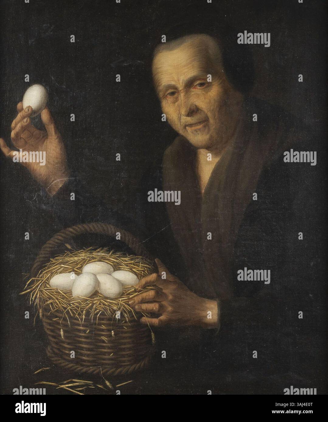 Dieses Ölgemälde aus dem 18. Jahrhundert, das Balthasar Denner zugeschrieben wird, stellt eine Frau mit Eiern dar, ein traditionelles Thema des niederländischen und deutschen Realismus. Das Gemälde misst 75,5 x 63,5 cm und zeigt Denners Fähigkeit, feine Details in Porträts und Stillleben zu erfassen. Stockfoto