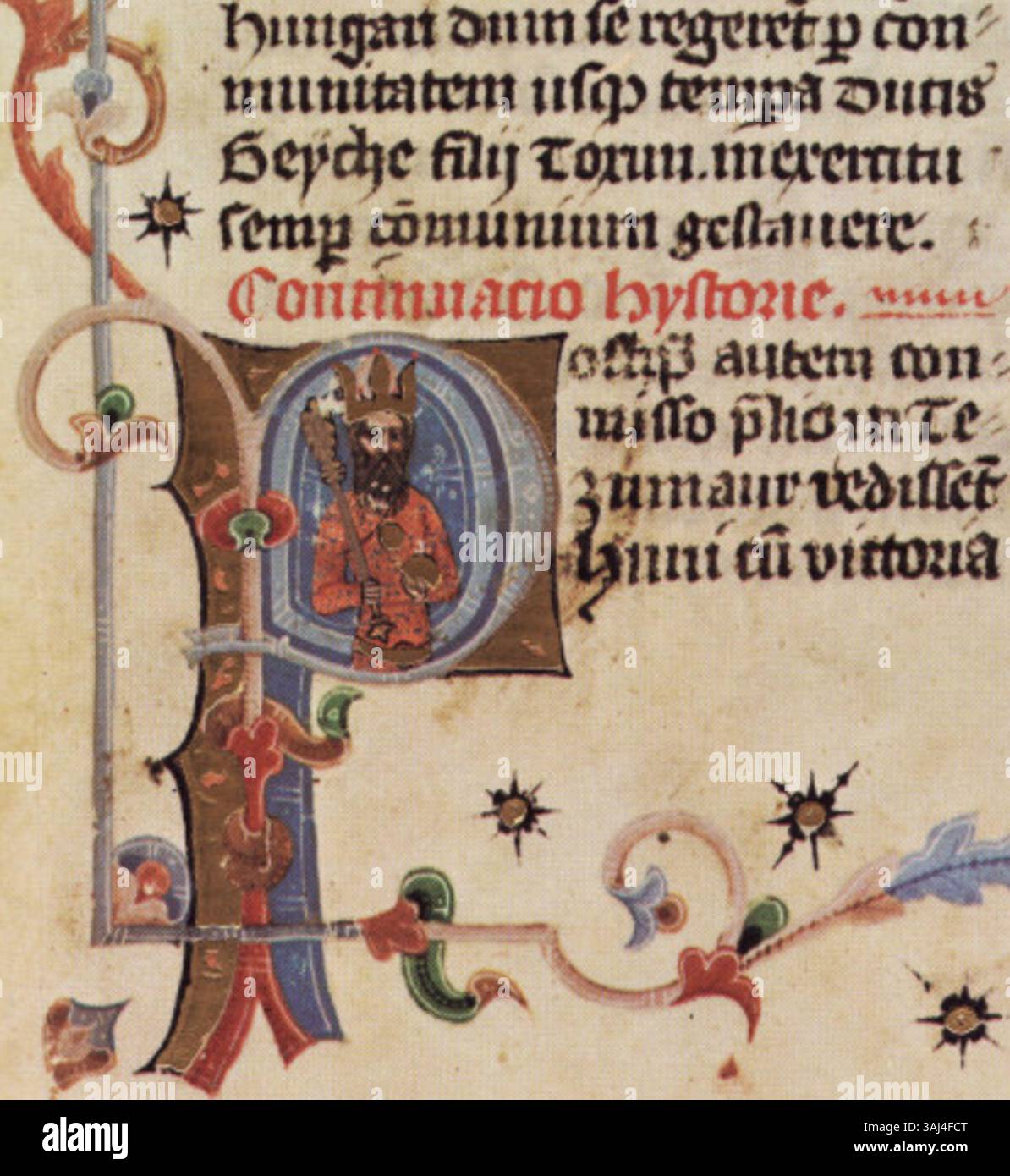 Die Seite 11 des Chronicon Pictum zeigt eine Illustration von König Attila. Seine Figur erscheint im ersten „P“, einem Schlüsselelement mittelalterlicher Manuskriptkunst. Stockfoto Die Seite 11 des Chronicon Pictum zeigt eine Illustration von König Attila. Seine Figur erscheint im ersten „P“, einem Schlüsselelement mittelalterlicher Manuskriptkunst. Stockfoto