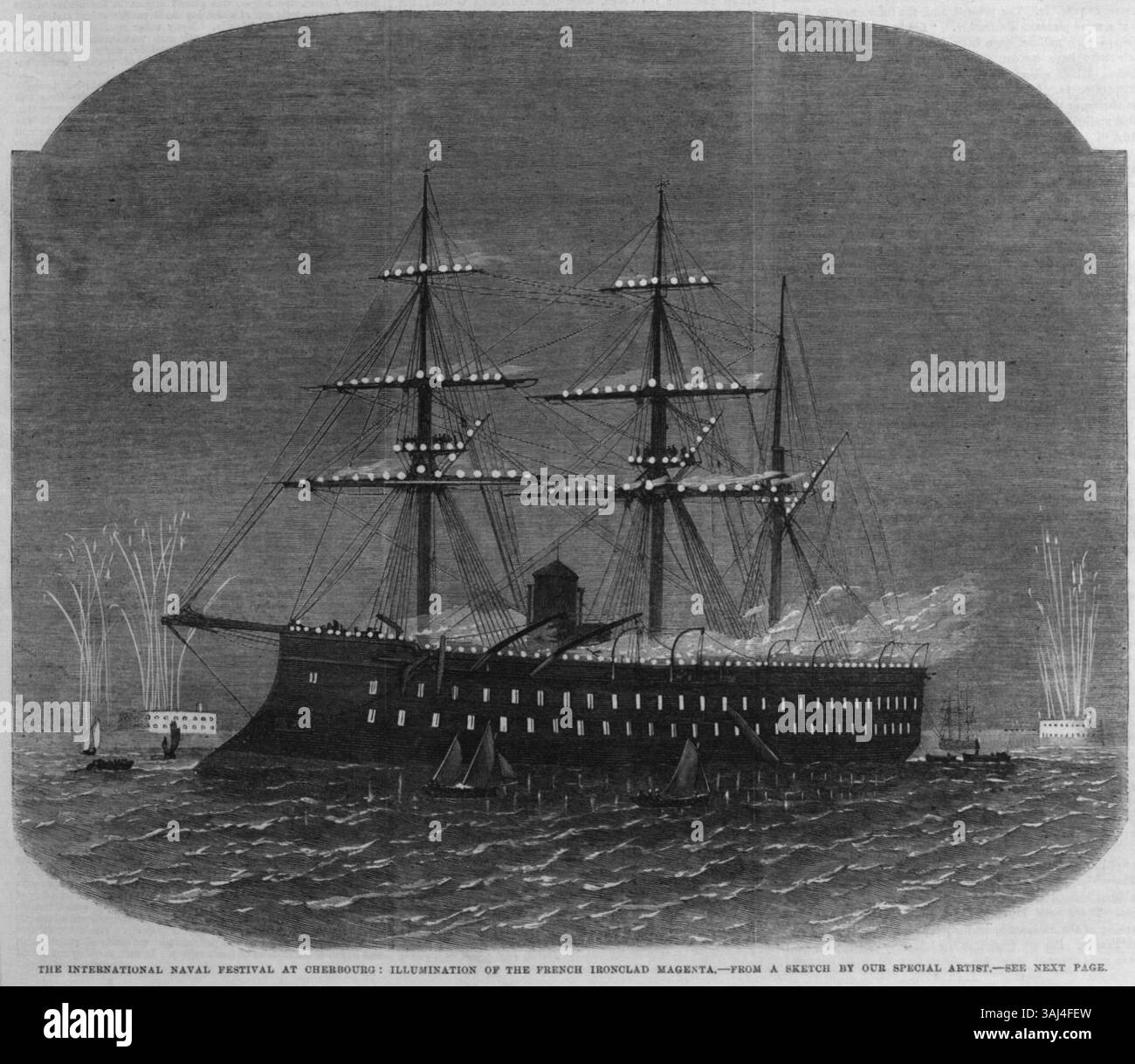 Diese Illustration von *The Illustrated London News* zeigt die französische Eisenhülle *Magenta*, die während des Internationalen Marinestudiums in Cherbourg am 15. August 1865 zum fête-Tag des Kaisers erleuchtet wurde. Stockfoto