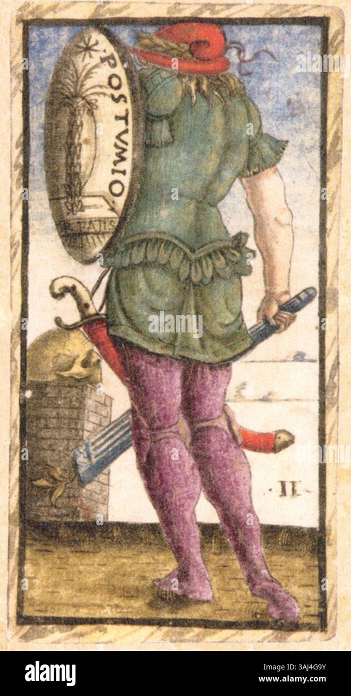 Die Sola Busca-Tarotkarte „Postumio (II)“ aus dem Jahr 1491 ist Teil des berühmten italienischen Tarotdecks, das Ende des 15. Jahrhunderts geschaffen wurde und die Ikonographie der Renaissance und symbolische Bilder illustriert. Stockfoto