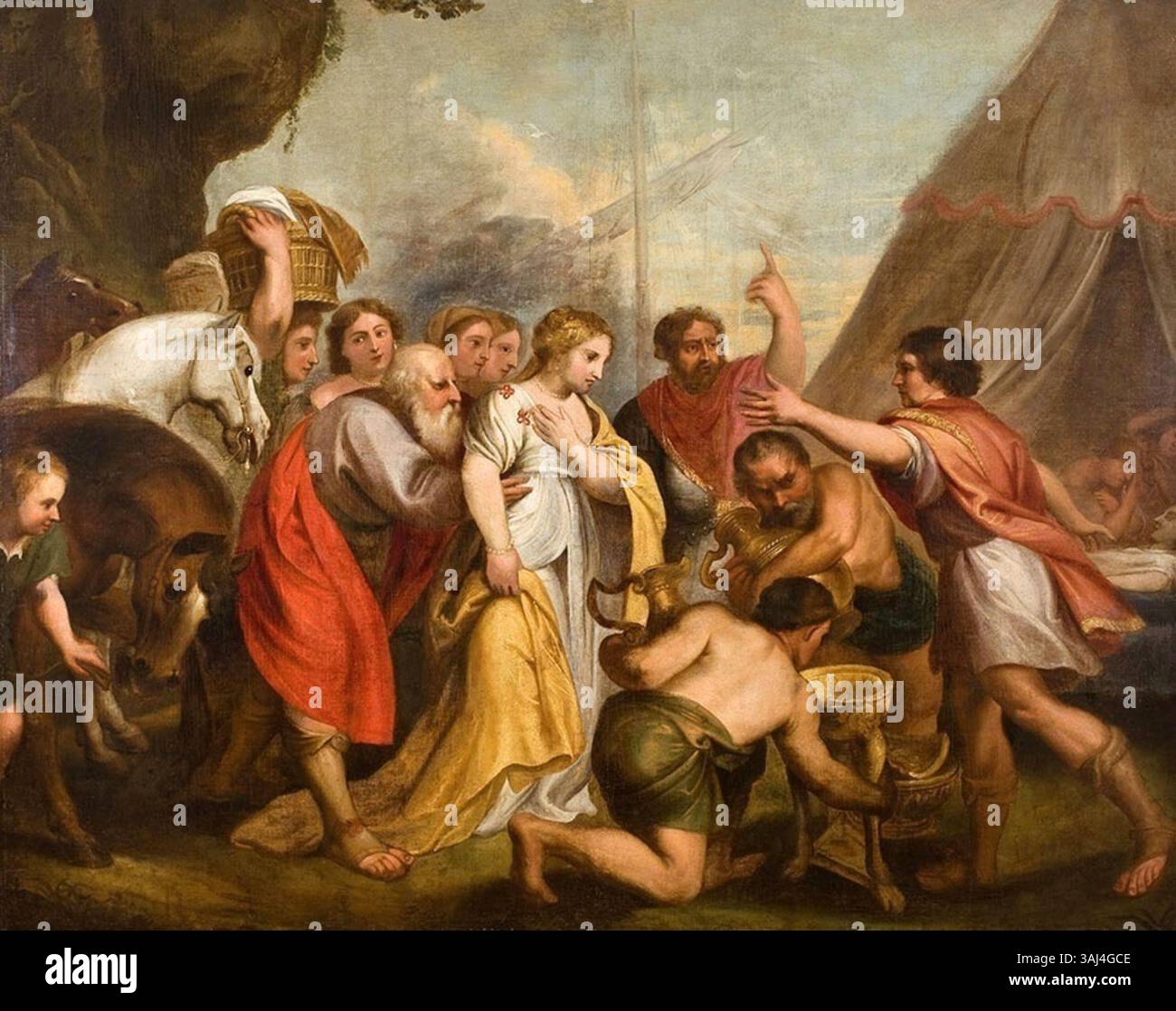 Ein Gemälde von Franciszek Smuglewicz mit dem Titel „Achilles empfängt Botschafter mit Geschenken aus Agamemnon“. Dieses Werk zeigt eine Szene aus dem Trojanischen Krieg, die nach 1785 gemalt wurde. Stockfoto