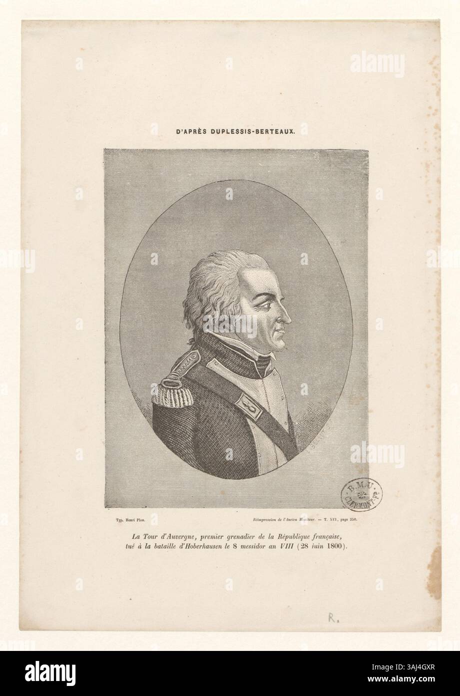 Dieser fotomechanische Druck von Théo Corret ehrt La Tour d’Auvergne, den 1. Grenadier der Französischen Republik, der 1800 in der Schlacht bei Oberhausen starb. Sein Bild ist in diesem historischen Druck festgehalten, der seine militärische Bedeutung widerspiegelt. Stockfoto