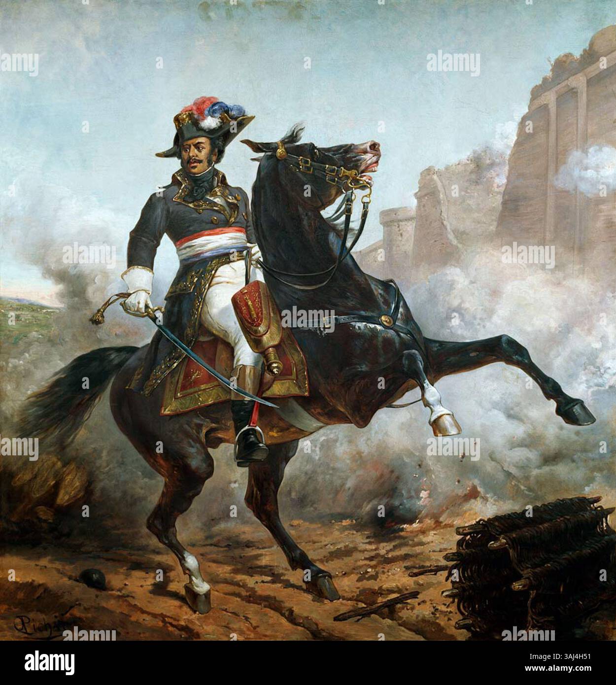 Dieses Gemälde von Olivier Pichat aus dem 19. Jahrhundert zeigt Thomas-Alexandre Dumas (1762–1806), den ersten schwarzen General der französischen Armee. Das Reiterporträt spiegelt seine herausragende militärische Karriere und Schlüsselrolle während der Französischen Unabhängigkeitskriege wider. Stockfoto