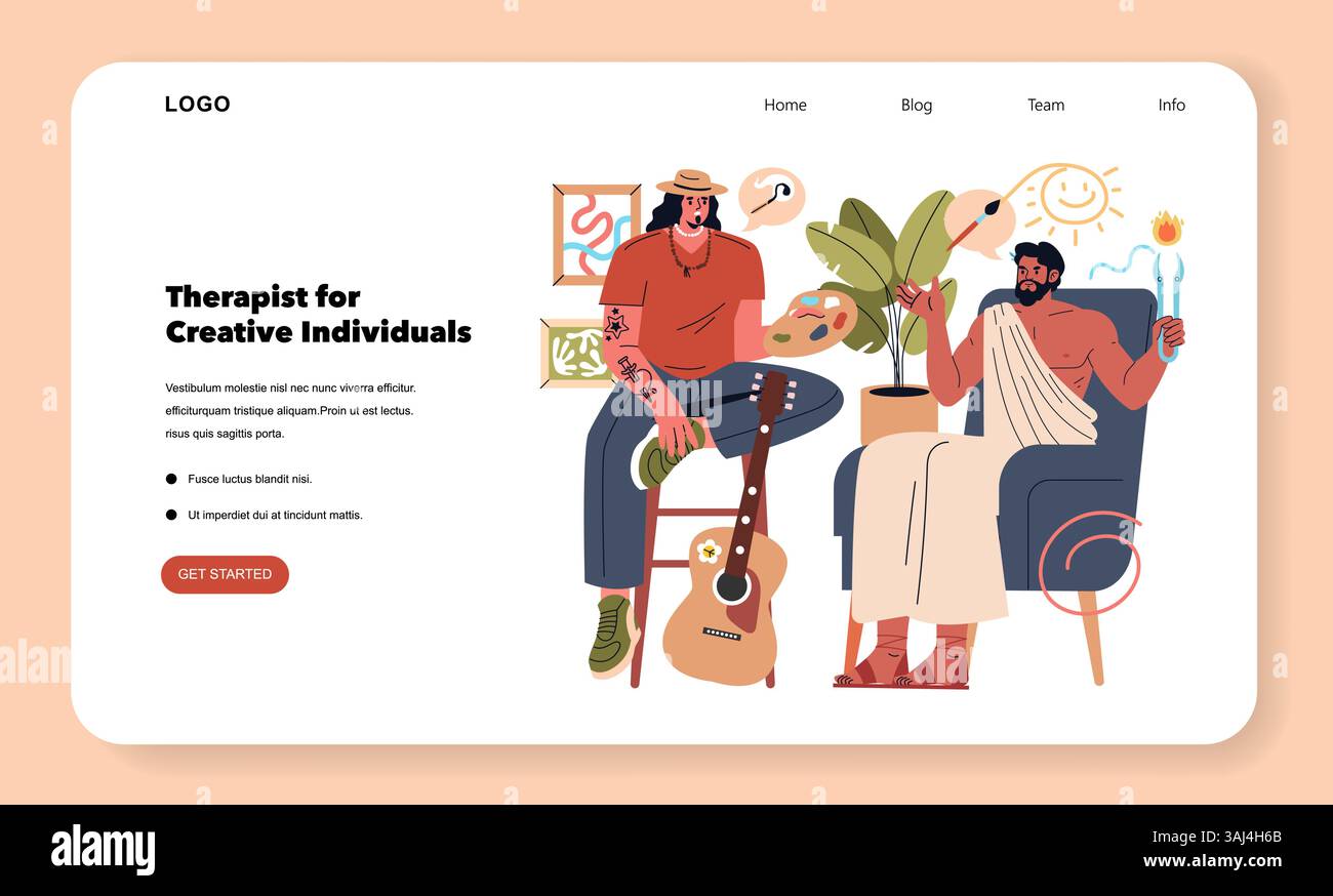 Illustration für kreative Therapeuten mit Schwerpunkt auf künstlerischem Ausdruck und emotionalem Wohlbefinden. Bietet verschiedene Personen, die sich mit Kunst, Musik und Unterhaltung in der Therapie engagieren. Fördert die Unterstützung der psychischen Gesundheit. Vektorabbildung. Stock Vektor