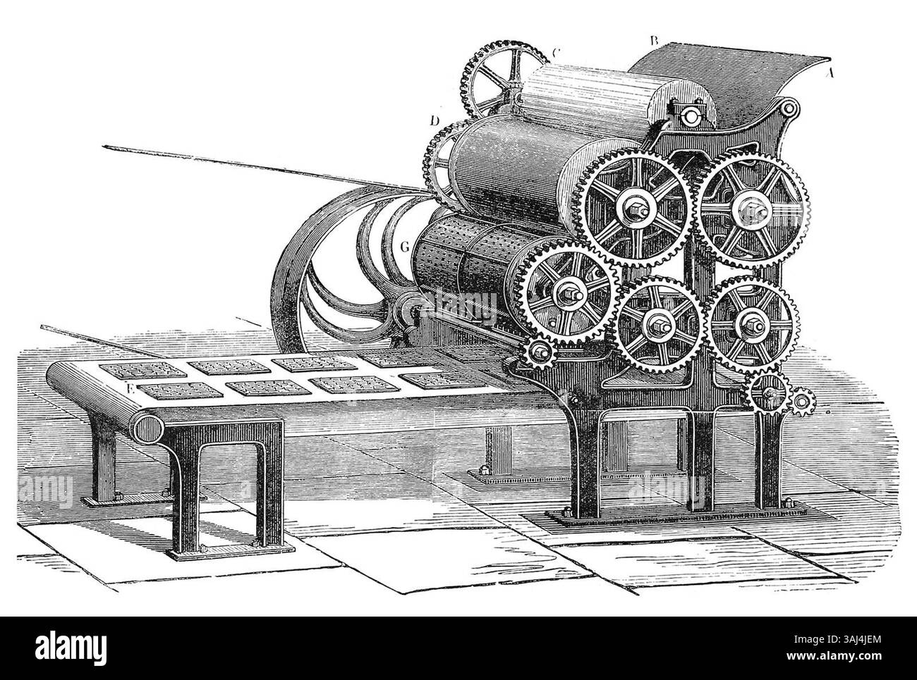 Die Gravur von Louis Figuier aus dem Jahr 1877 zeigt eine Schneid- und Walzmaschine für Seekekekse, die in der Backindustrie verwendet wird. Die Maschine wurde entwickelt, um Seekekekekse zu Formen und zu schneiden, eine Art von langlebigem Brot, das in maritimen Umgebungen beliebt ist. Stockfoto