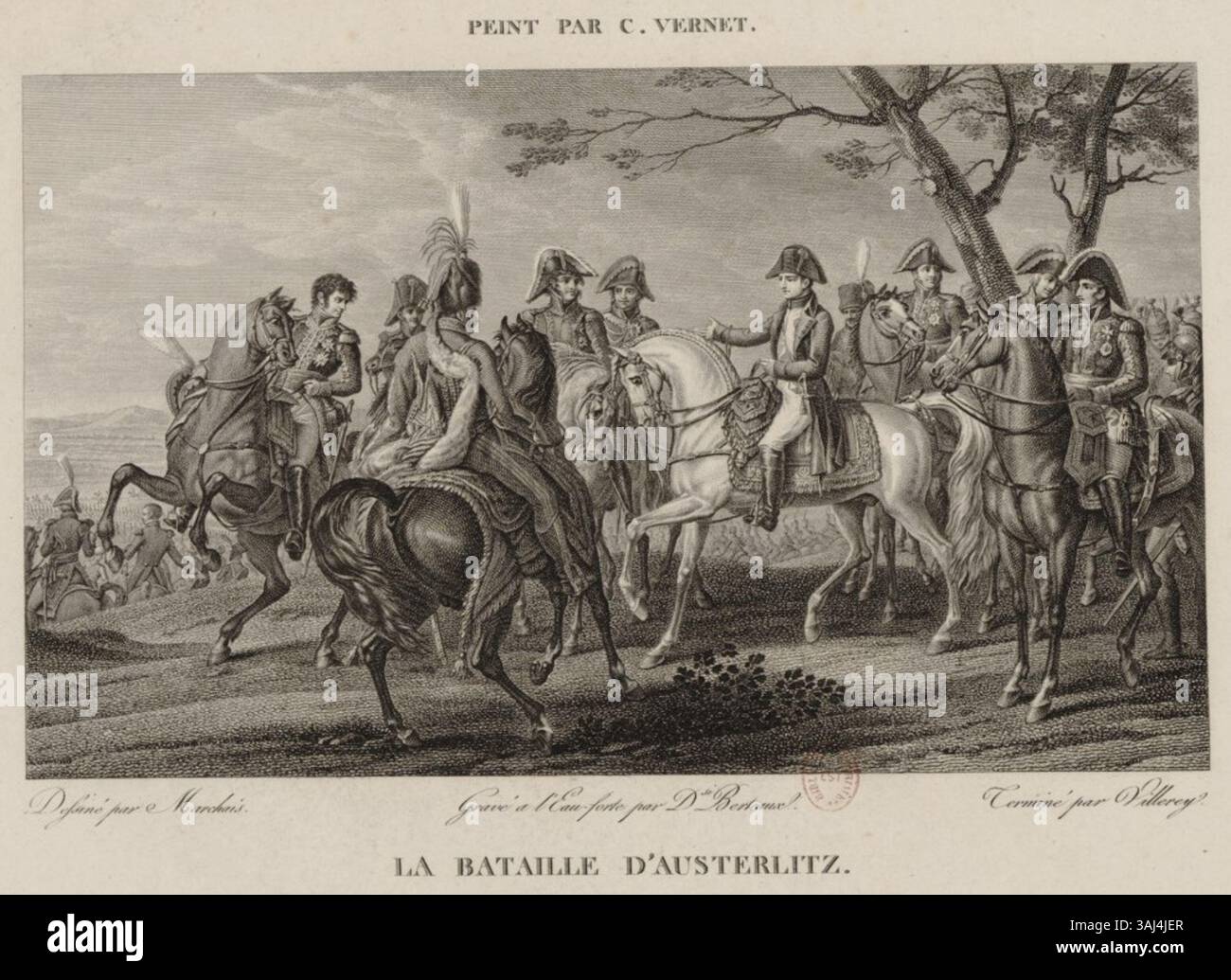 Diese Gravur der Schlacht von Austerlitz (1815) von Jean Duplessis-Bertaux, Antoine-Claude-Francois Villerey und Marchais, nach Carle Vernet, zeigt die entscheidende Napoleonische Schlacht während der Napoleonischen Kriege. Stockfoto