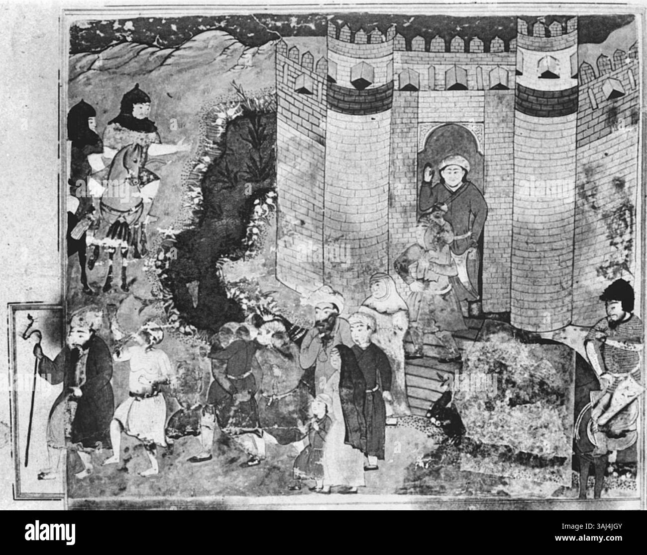 Diese Szene aus einem Manuskript aus dem 14. Jahrhundert zeigt, wie die Bewohner Balkhs die Stadt auf Befehl von Chingiz Khan verlassen und im Februar 1221 von mongolischen Truppen abgeschlachtet werden. Stockfoto