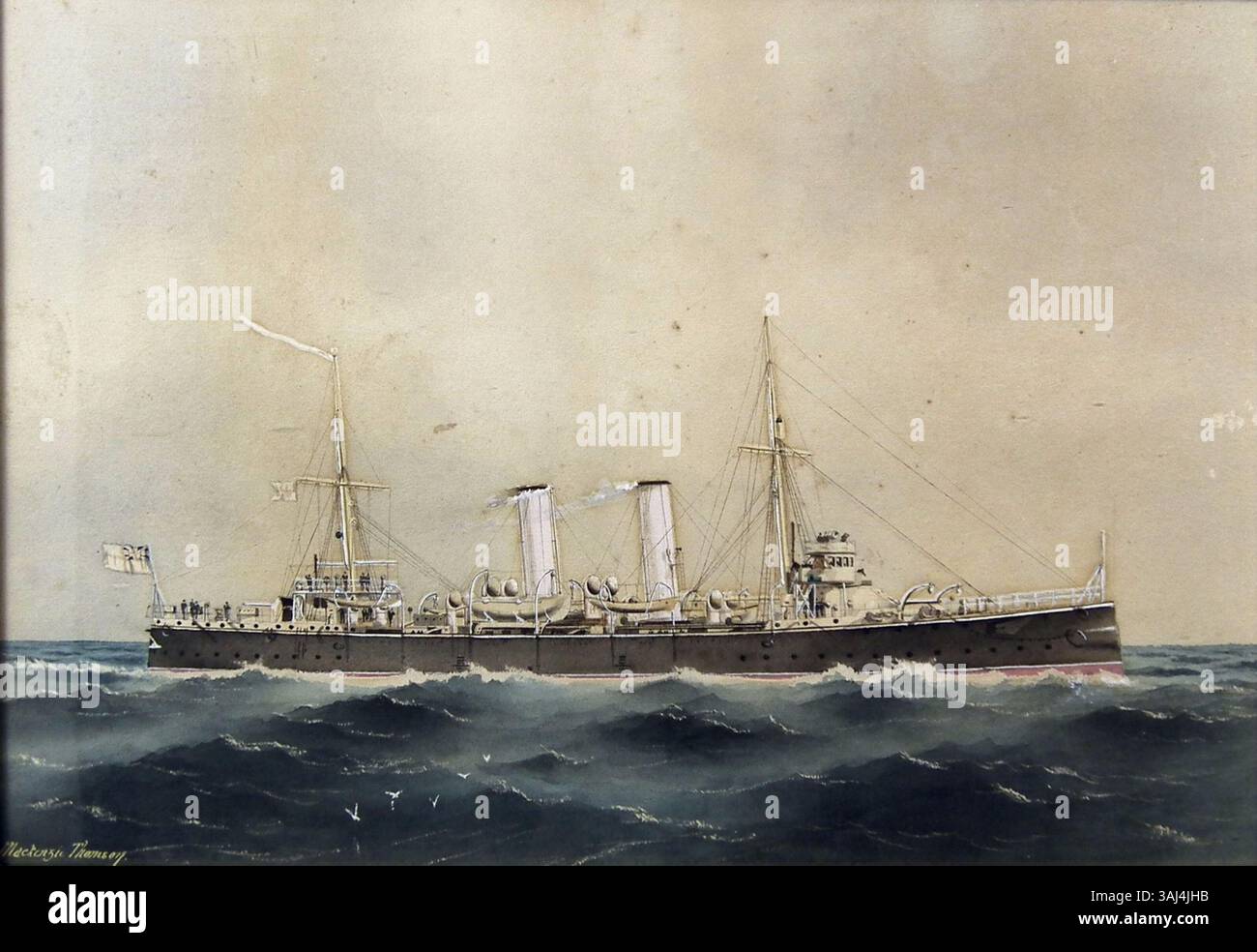Dieses Kunstwerk von William Mackenzie Thomson aus dem 20. Jahrhundert zeigt den Kreuzer der Apollo-Klasse mit Stift, Tinte und Aquarell. Das Gemälde zeigt das Design des Kreuzers mit präzisen Linien und detaillierten Akzenten in der Karosserie. Stockfoto