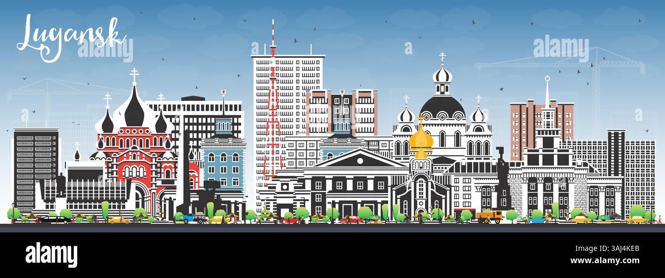 Lugansk City Skyline mit farbigen Gebäuden und blauem Himmel. Vektorabbildung. Luhansk Stadtbild mit Wahrzeichen. Stock Vektor