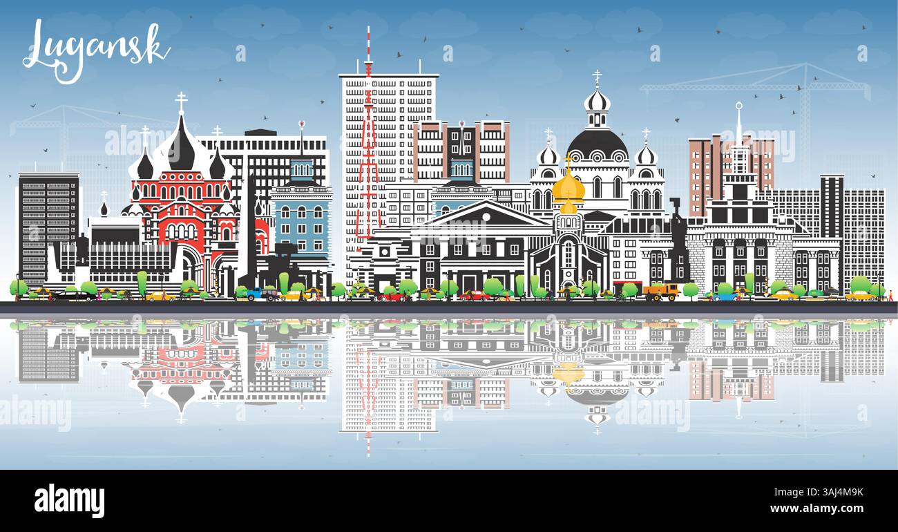 Skyline der Stadt Lugansk mit farbigen Gebäuden, blauem Himmel und Reflexionen. Vektorabbildung. Luhansk Stadtbild mit Wahrzeichen. Stock Vektor