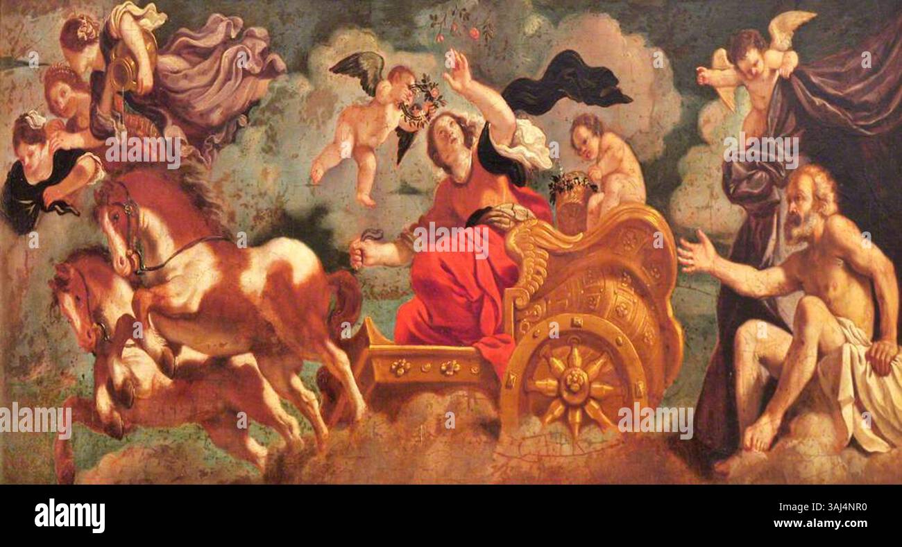 Eine Reproduktion von „Aurora“ von Guercino, die Aurora in ihrem Wagen darstellt, der Tithonus verlässt. Dieses Öl auf Leinwand wurde nach Guercinos Arbeiten zwischen 1700 und 1799 gemalt und befindet sich in der Sammlung des National Trust. Stockfoto