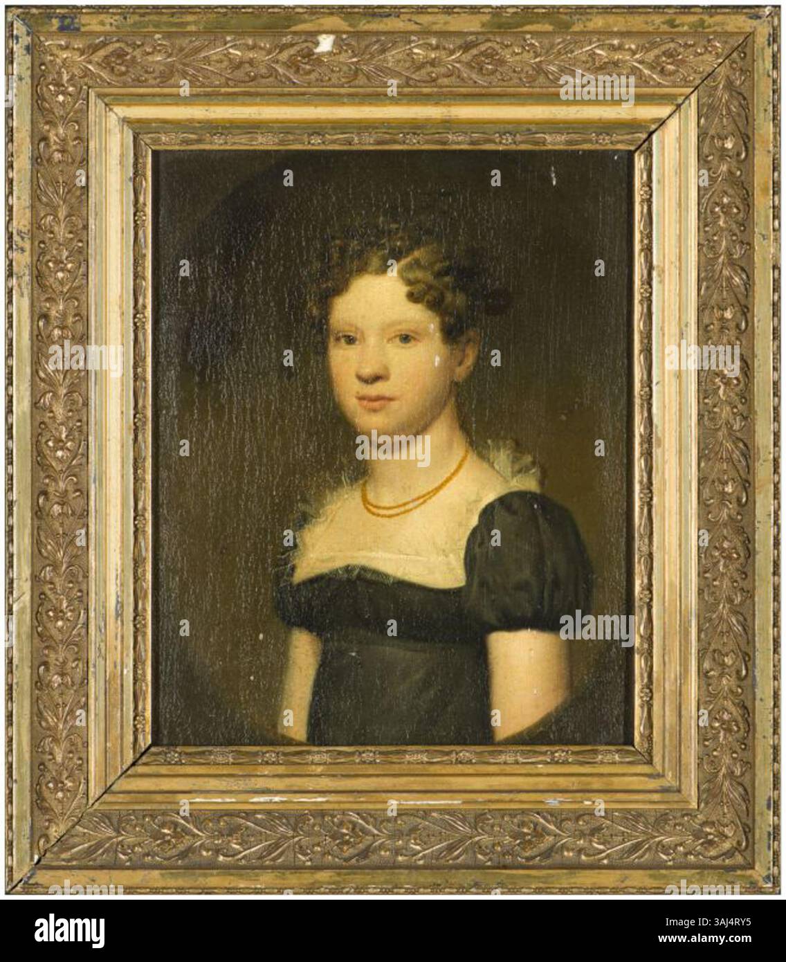 Willem Bartel van der Kooi (1768–1836), niederländischer Maler, schuf 1817 ein Porträt von Elisabeth Sybouts. Das Öl auf der Tafel zeigt Sybouts und hebt ihre Kleidung und ihren Ausdruck hervor, der für diese Zeit typisch ist. Dieses Kunstwerk ist Teil der Sammlung des Fries Museum. Stockfoto