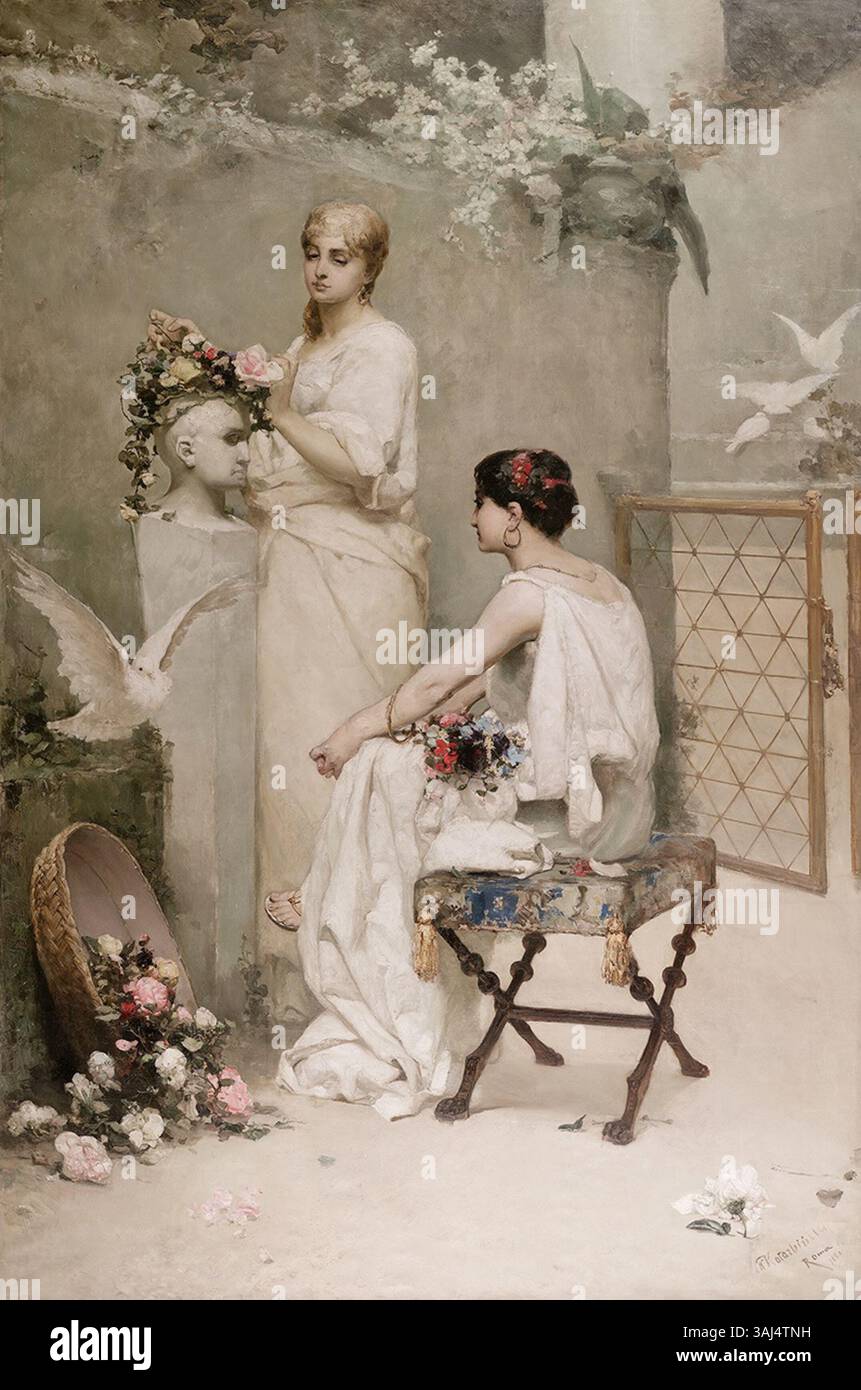 Wieczenie Poety (1881) von Wilhelm Kotarbiski ist ein Ölgemälde, das einen Dichter in einem Moment der Reflexion darstellt. Das Werk befindet sich im Kozówka-Palast und zeigt die emotionale Tiefe des Künstlers und die Auseinandersetzung mit dem literarischen Thema der Kontemplation. Stockfoto
