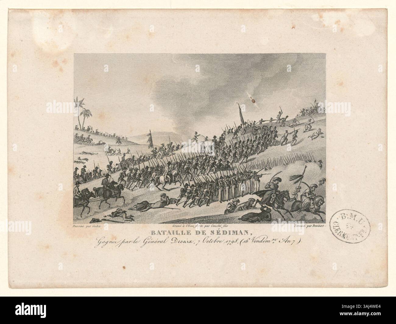 Diese Lithografie erinnert an die Schlacht von Sediman, in der General Louis Desaix am 7. Oktober 1798 während der Französischen Unabhängigkeitskriege einen bedeutenden Sieg errang. Stockfoto