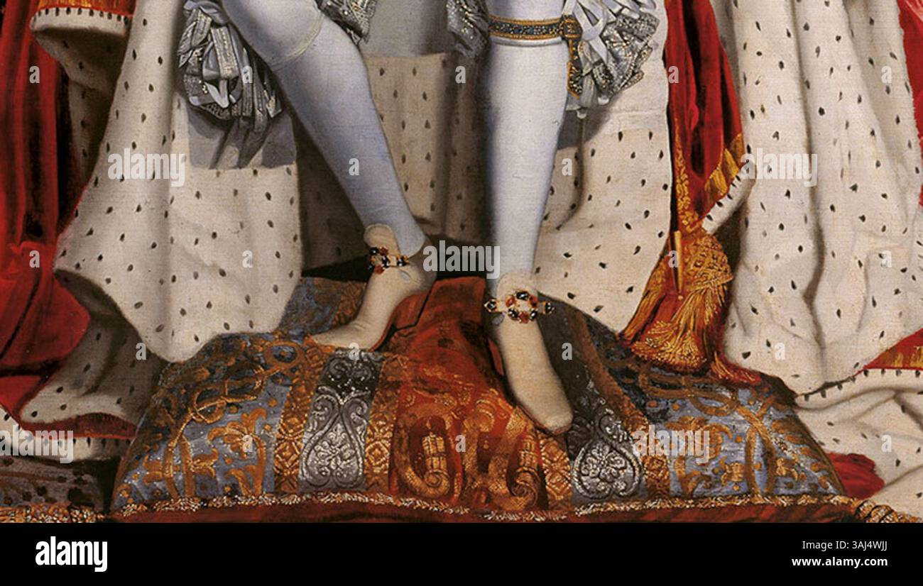 Ein Porträt von John Michael Wright aus den Jahren 1661 bis 1662, das Karl II. In seinen Krönungsroben darstellt und das komplizierte Design seiner Schuhe unterstreicht. Stockfoto
