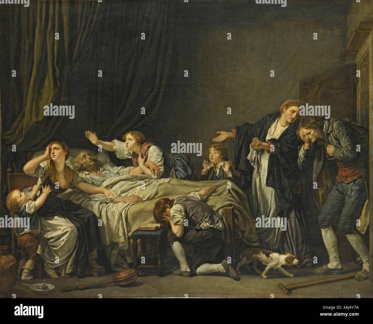 „Der bestrafte Sohn“ von Jean-Baptiste Greuze, gemalt 1778, ist ein Öl auf Leinwand, das eine moralische Geschichte über die Bestrafung eines jungen Mannes darstellt. Es ist Teil der Sammlung des Louvre-Museums. Stockfoto