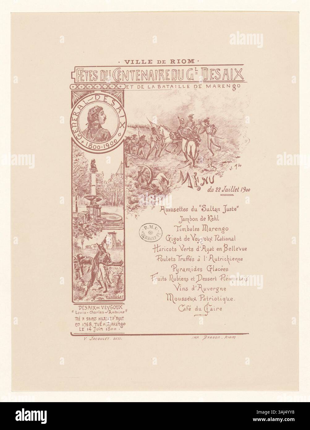 Diese Lithografie enthält ein Menü für die 1900-hundertjährige Feier von General Desaix und die Schlacht von Marengo in Riom, ein bedeutendes französisches Militärereignis. Stockfoto