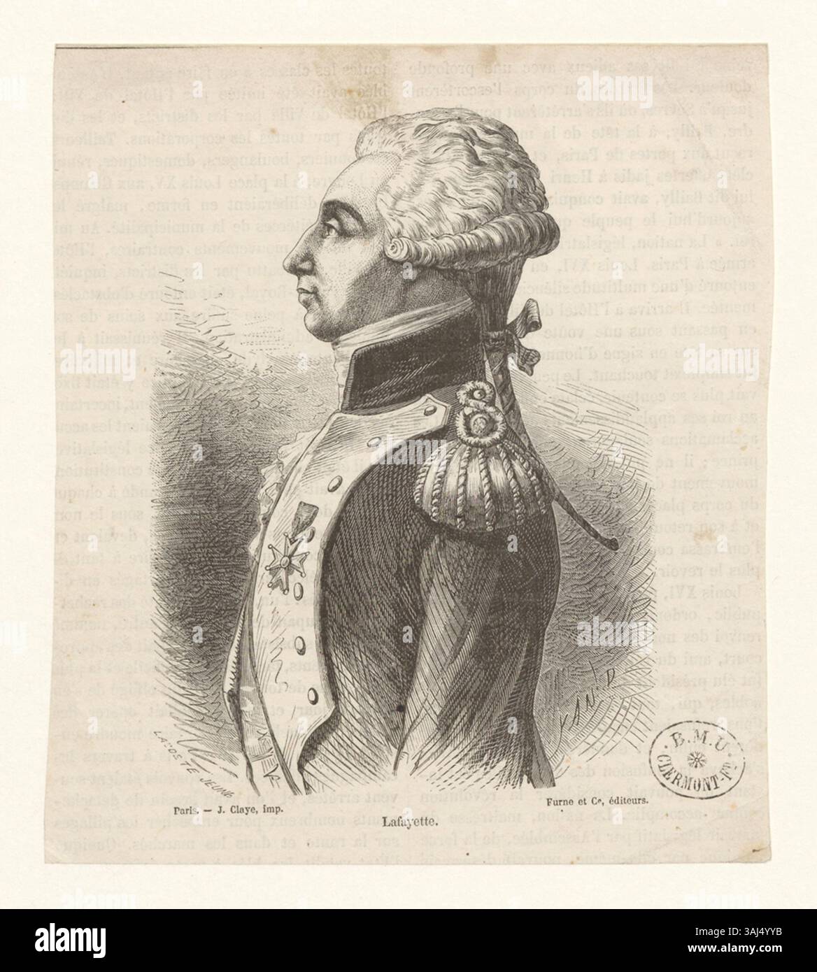Ein Holzstich von Gilbert du Motier, Marquis de Lafayette, der ihn als Schlüsselfigur der amerikanischen und französischen Revolution darstellt. Das Stück wurde mit einer Holzstichmethode erstellt, die Lafayettes historische Bedeutung und das heroische Bild im späten 18. Jahrhundert unterstreicht. Stockfoto