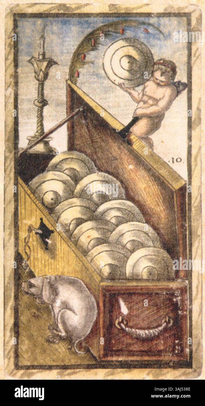 Die Karte 45 des Sola Busca Tarotdecks, die 1491 in Italien erstellt wurde, ist eine der ältesten erhaltenen Tarotkarten. Dieses Deck ist bekannt für seine detaillierte Bildsprache, die mittelalterliche Symbolik mit Renaissance-Einflüssen verbindet. Stockfoto