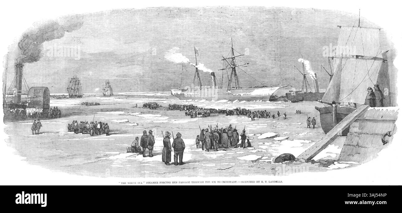Diese 1856 von R.T. Landells gezeigte Illustration zeigt den Nordseedampfer, der sich in Cronstadt durch das Eis stürzt, und zeigt die Herausforderungen, die die Navigation in gefrorenen Gewässern im Winter 1856 mit sich bringt. Stockfoto