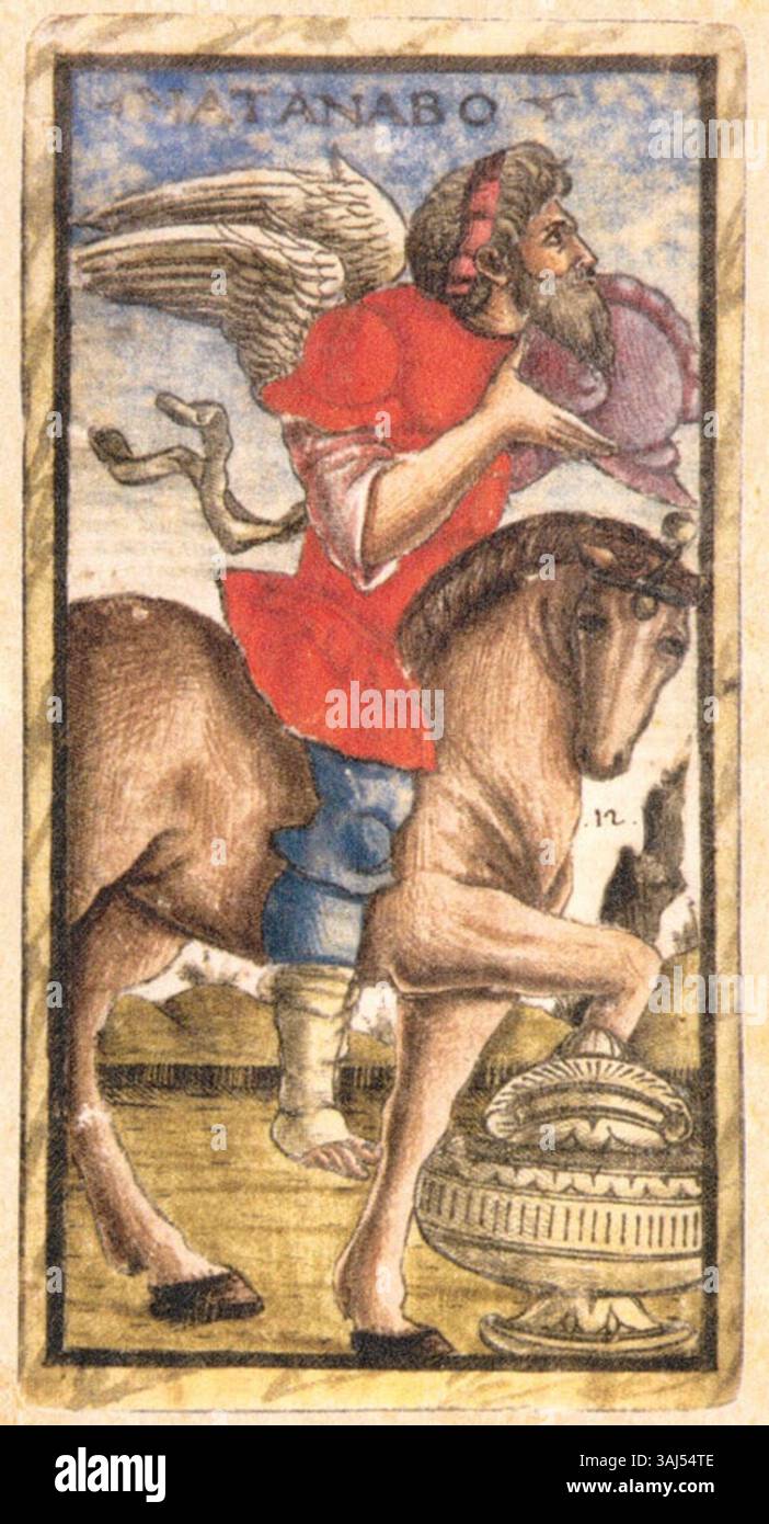 Die Sola Busca Tarotkarte 33, die 1491 in Italien erstellt wurde, ist Teil des berühmten Sola Busca Tarotdecks. Die Karte zeigt detaillierte Kunstwerke und symbolische Bilder, die die Tiefe der Tarot-Tradition und der italienischen künstlerischen Kultur der Renaissance darstellen. Stockfoto