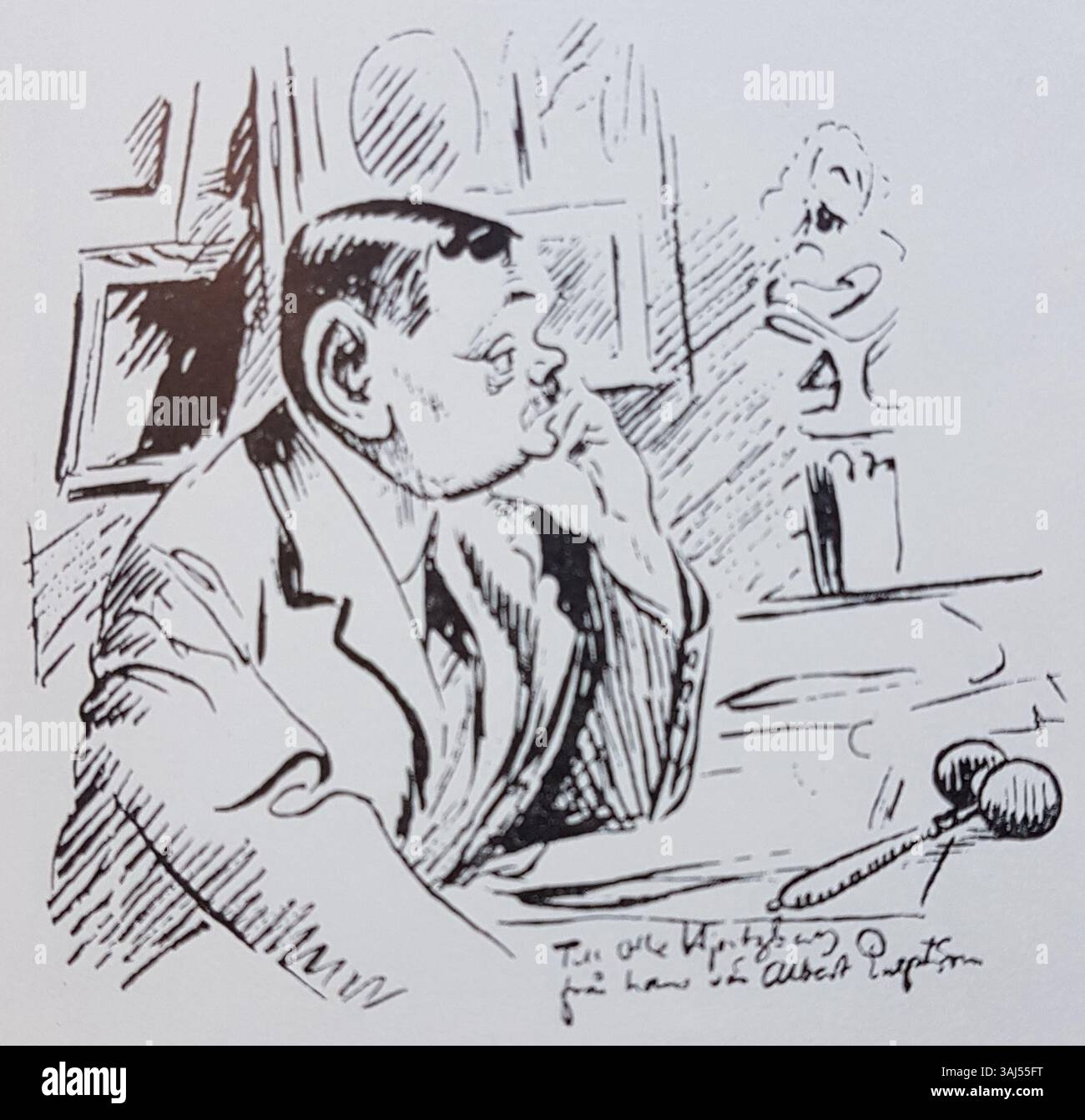 Eine Zeichnung von Albert Engström stellt Olle Hjortsberg als akademischen Direktor dar. Die Illustration zeigt den Charakter von Hjortsberg und spiegelt Engströms Geschick wider, einzelne Persönlichkeiten in seinen Porträts festzuhalten. Stockfoto