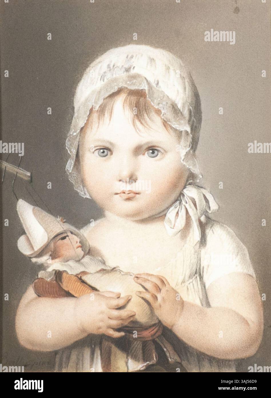 Louis-Léopold Boillys Porträt von 1803 zeigt Clemence Gamot, die Nichte von Madame Campan, als Kind mit einer Polichinelle. Das Werk hebt die detaillierte Darstellung der Kleidung und des spielerischen Ausdrucks des Themas in einem französischen aristokratischen Kontext hervor. Stockfoto