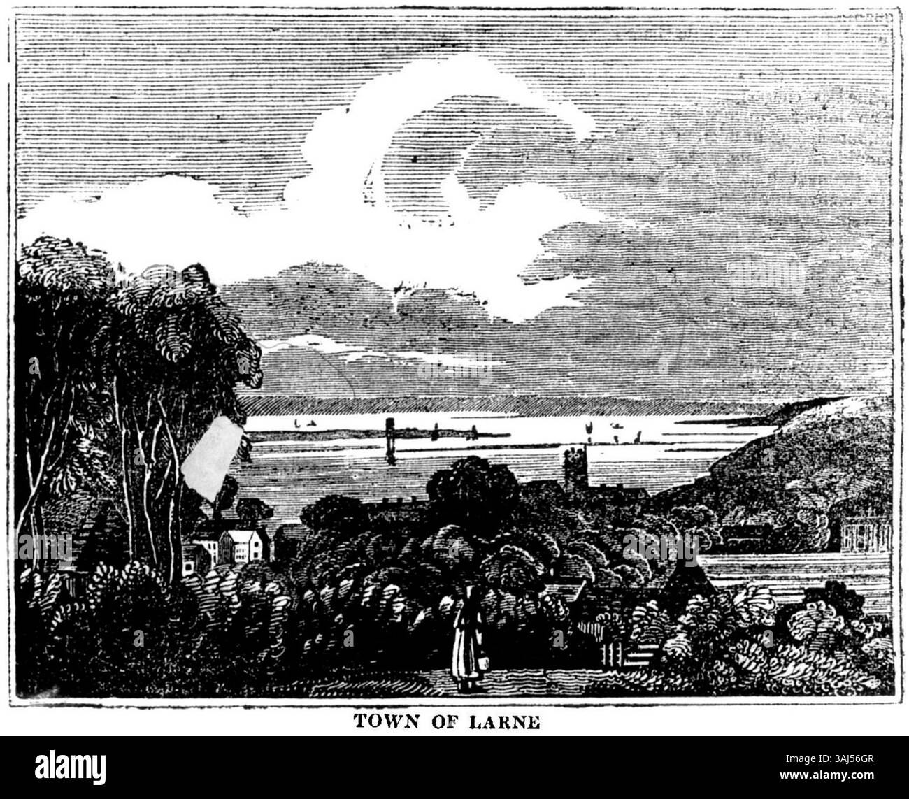 Das Bild zeigt die Stadt Larne im County Antrim in Irland, wie sie 1833 erschien. Diese Darstellung aus dem Dublin Penny Journal erfasst die Struktur der Stadt und die umgebende Landschaft während des frühen 19. Jahrhunderts. Stockfoto