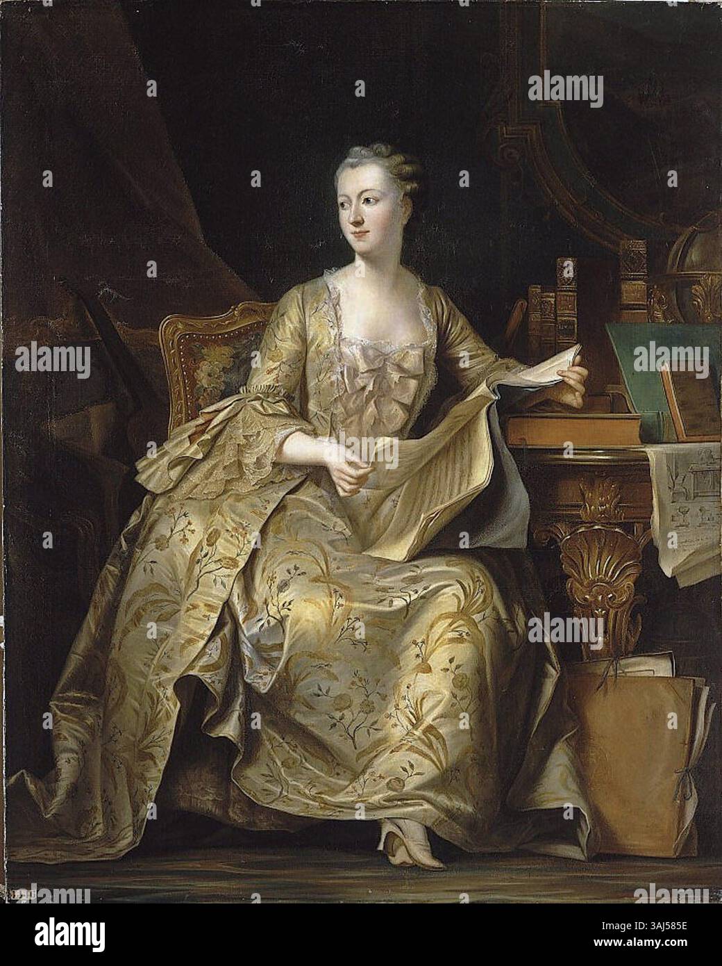 Dieses Ölgemälde von Charles de Steuben zeigt Jeanne Antoinette Poisson, Marquise de Pompadour, die einflussreiche Geliebte König Ludwigs XV. Das zwischen 1838 und 1848 entstandene Gemälde befindet sich im Schloss Versailles und unterstreicht ihre königliche Haltung und prominente Rolle im französischen Hofleben. Stockfoto
